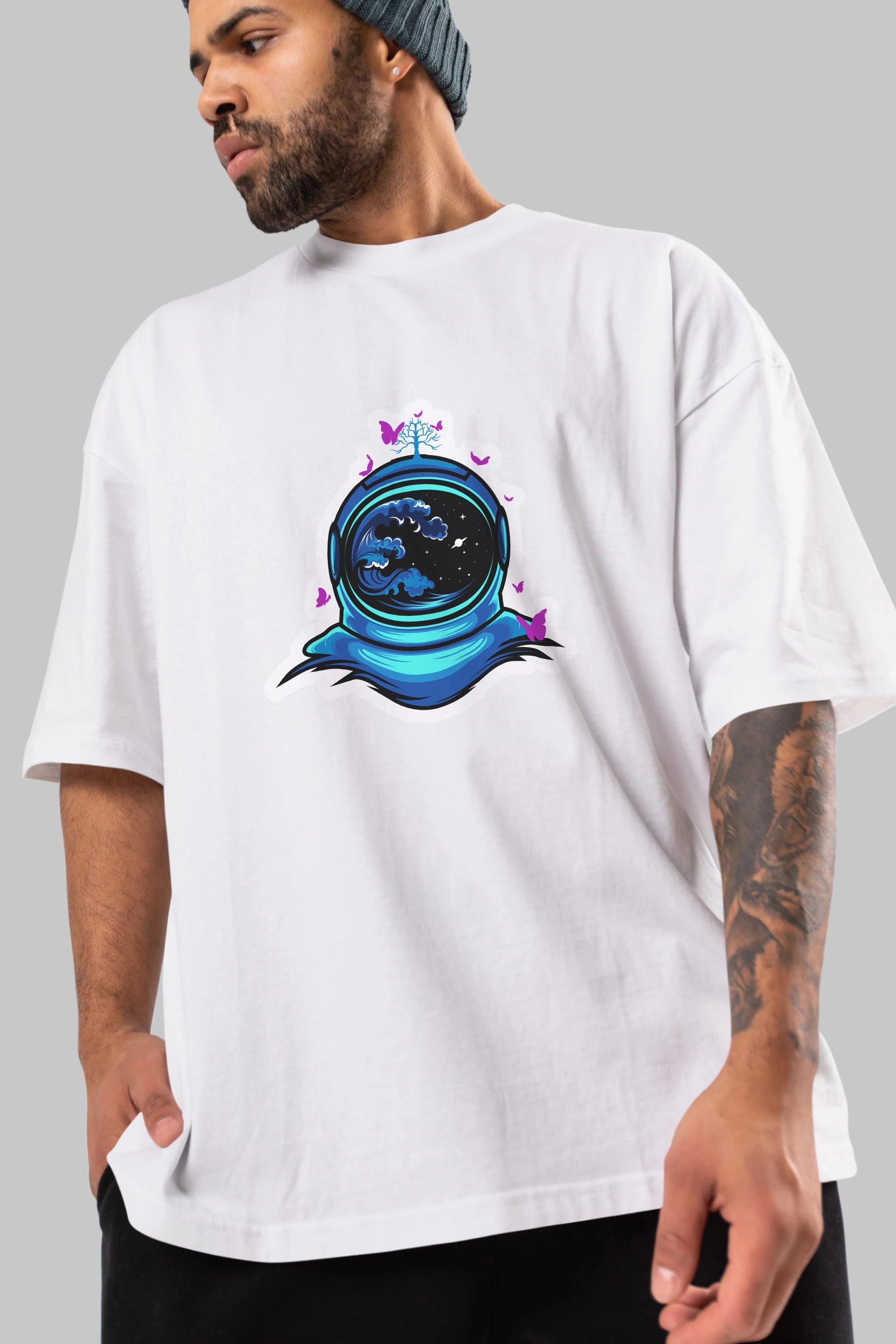 Astronaut and Butterfly Sticker Ön Baskılı Oversize t-shirt Erkek Kadın Unisex