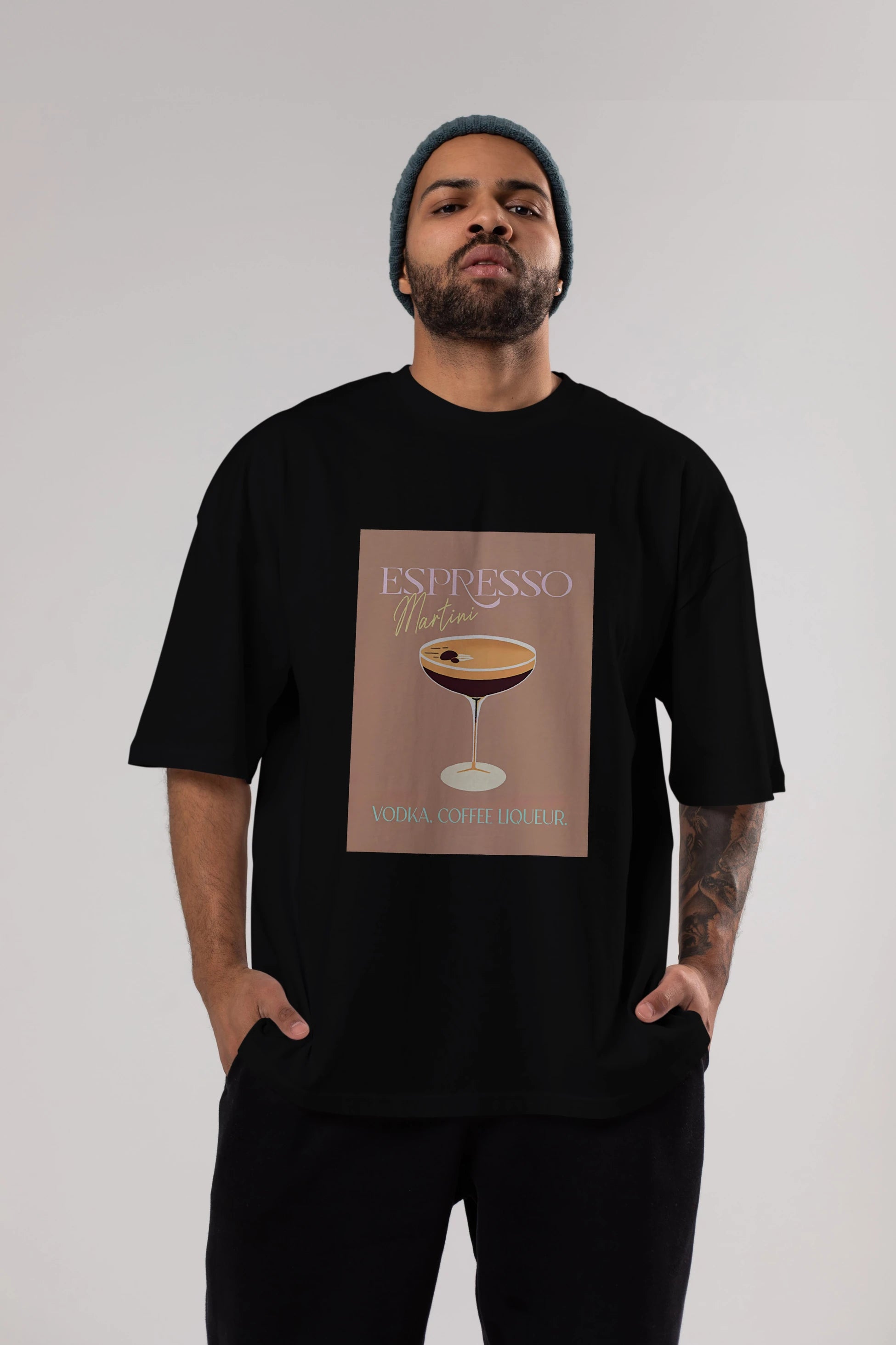 Espresso Martini Cocktail Ön Baskılı Oversize t-shirt Erkek Kadın Unisex %100 Pamuk Bisiklet Yaka tişort