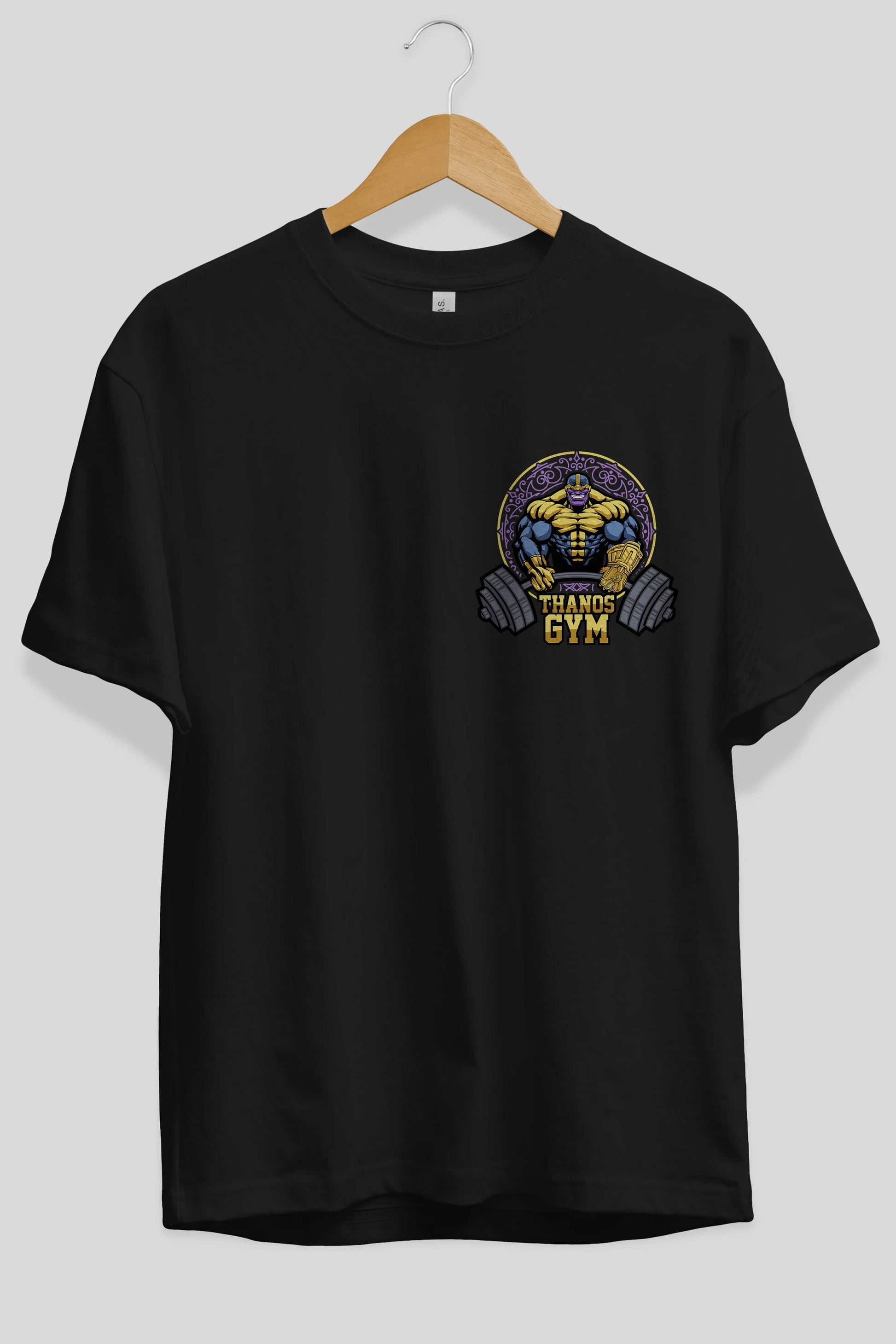 Thanos GYM Ön Sol Baskılı Oversize t-shirt Erkek Kadın Unisex %100 Pamuk Bisiklet Yaka tişort