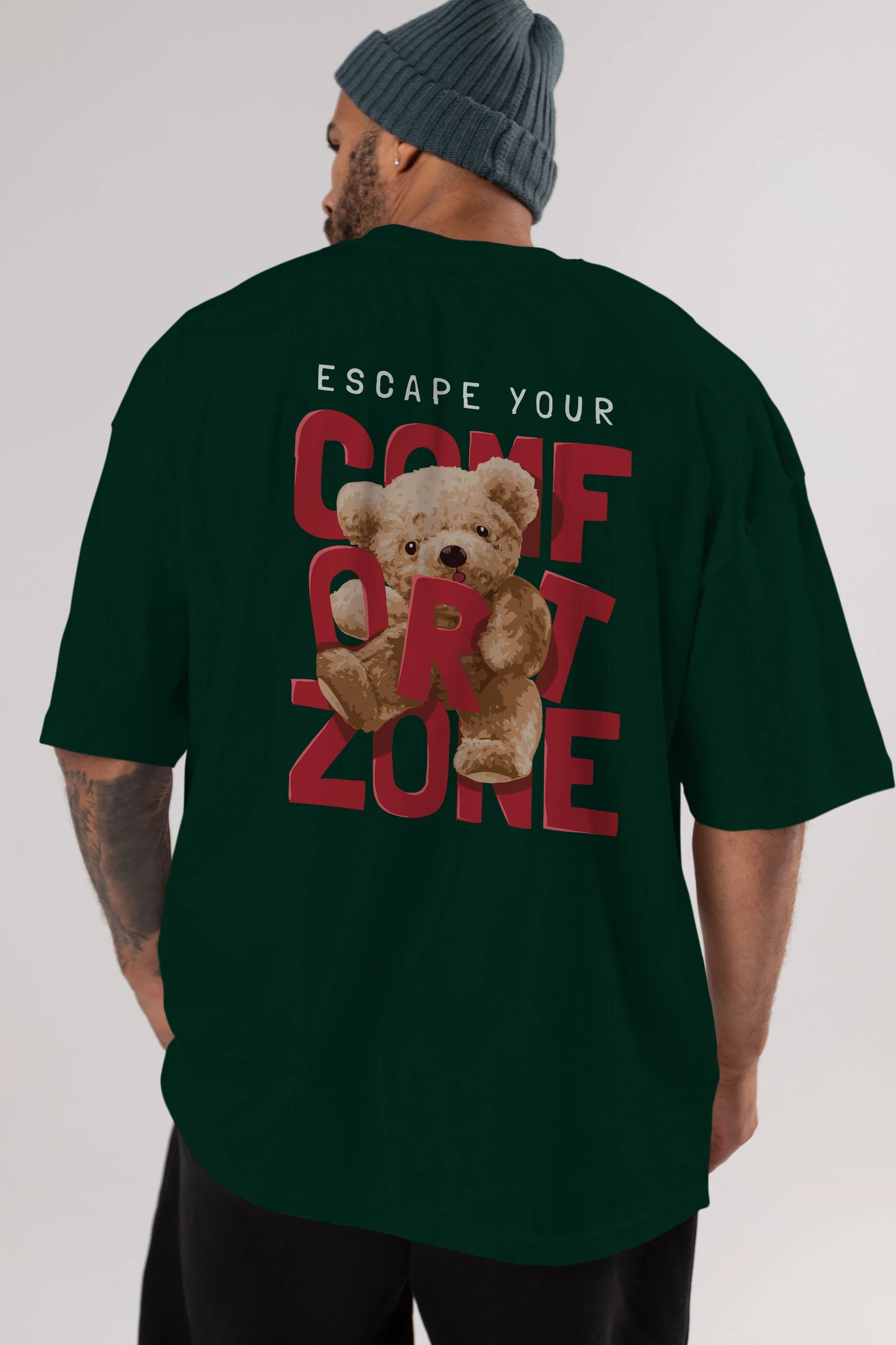 Teddy Bear Escape Comfort Zone Arka Baskılı Oversize t-shirt Erkek Kadın Unisex %100 Pamuk