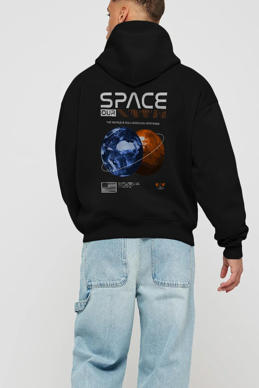 Space Our Arka Baskılı Hoodie Oversize Kapüşonlu Sweatshirt Erkek Kadın Unisex