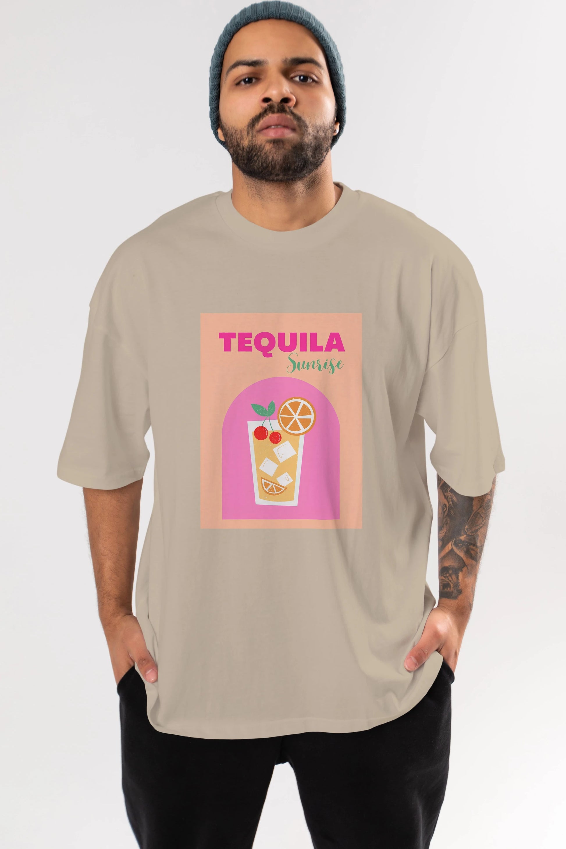 Tequila Sunrise 2 Ön Baskılı Oversize t-shirt Erkek Kadın Unisex %100 Pamuk Bisiklet Yaka tişort