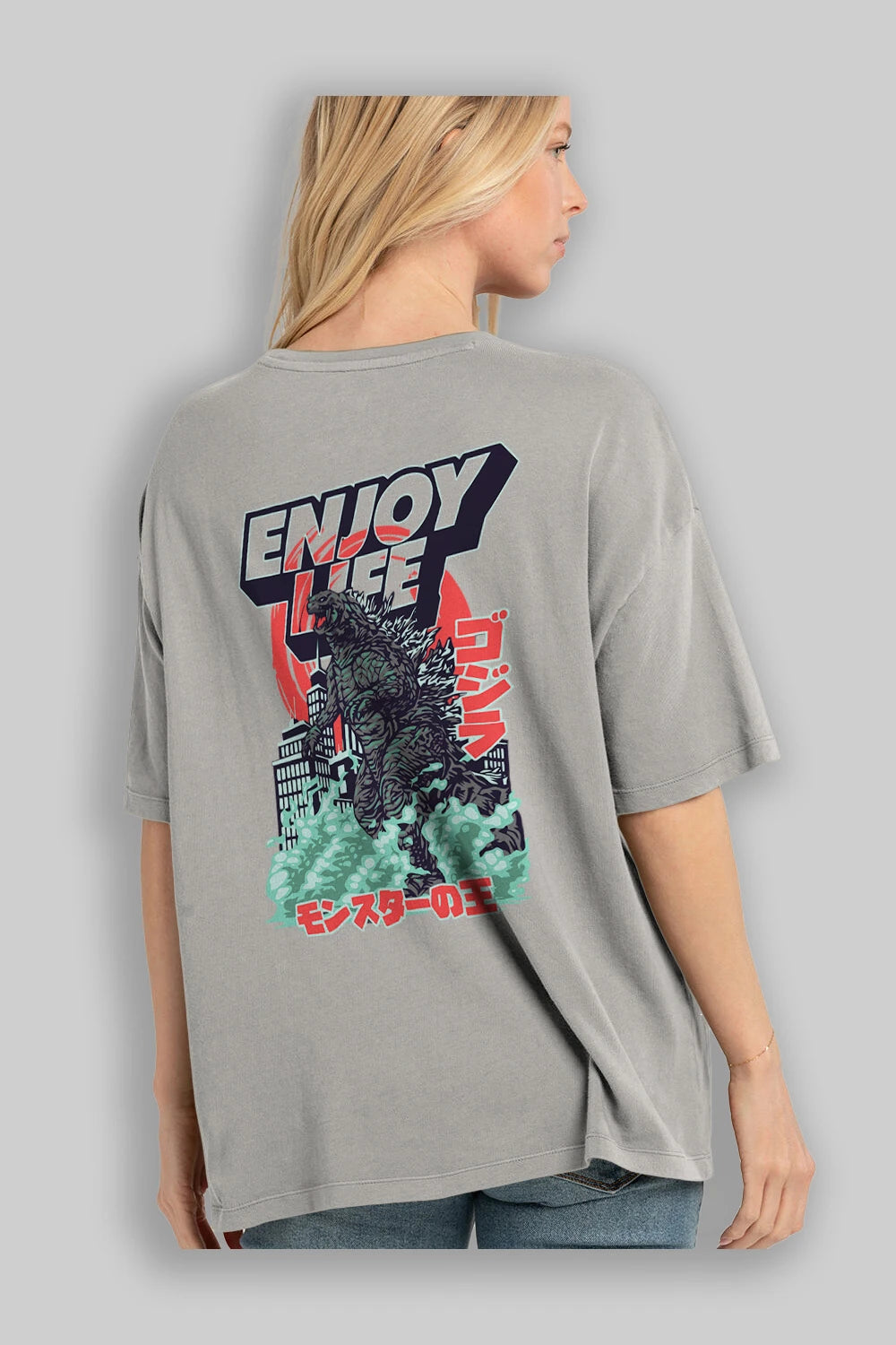 Godzilla Arka Baskılı Oversize t-shirt Erkek Kadın Unisex %100 Pamuk Bisiklet Yaka tişort