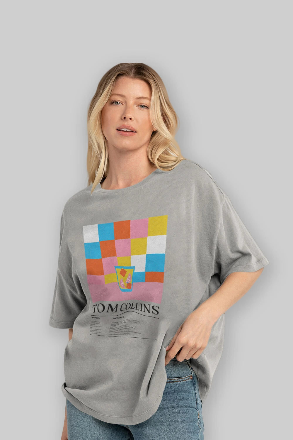 Tom Collins Kokteyl Ön Baskılı Oversize t-shirt Erkek Kadın %100 Pamuk Bisiklet Yaka tişort