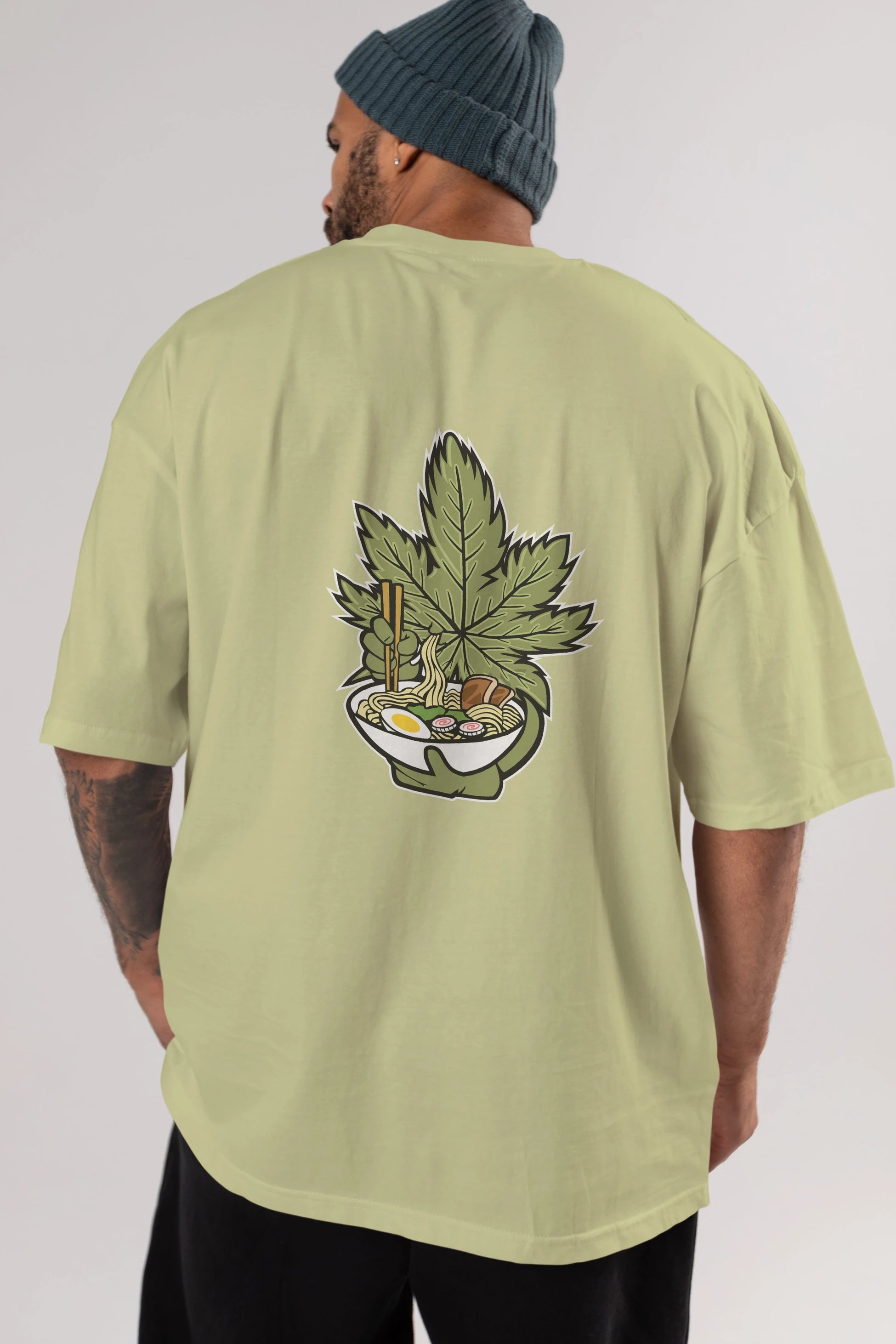 Weed Ramen Arka Baskılı Oversize t-shirt Erkek Kadın Unisex %100 Pamuk tişort