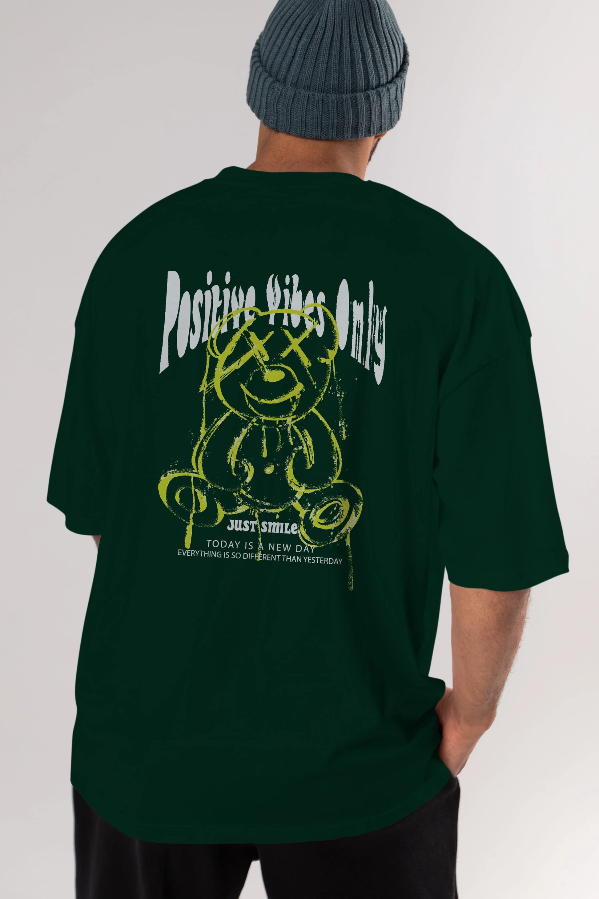 Positive Vibes Only Bear Arka Baskılı Oversize t-shirt Erkek Kadın Unisex