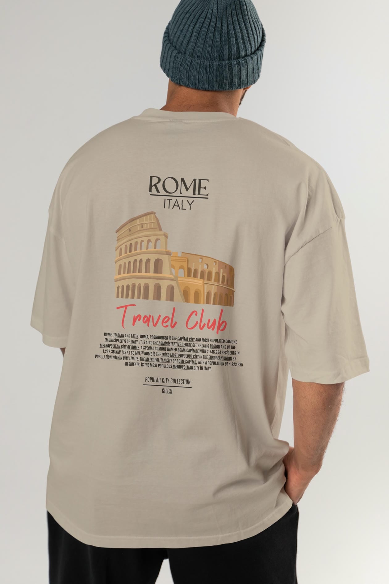 Roma İtaly Arka Baskılı Oversize t-shirt Erkek Kadın Pamuk Bisiklet Yaka tişort