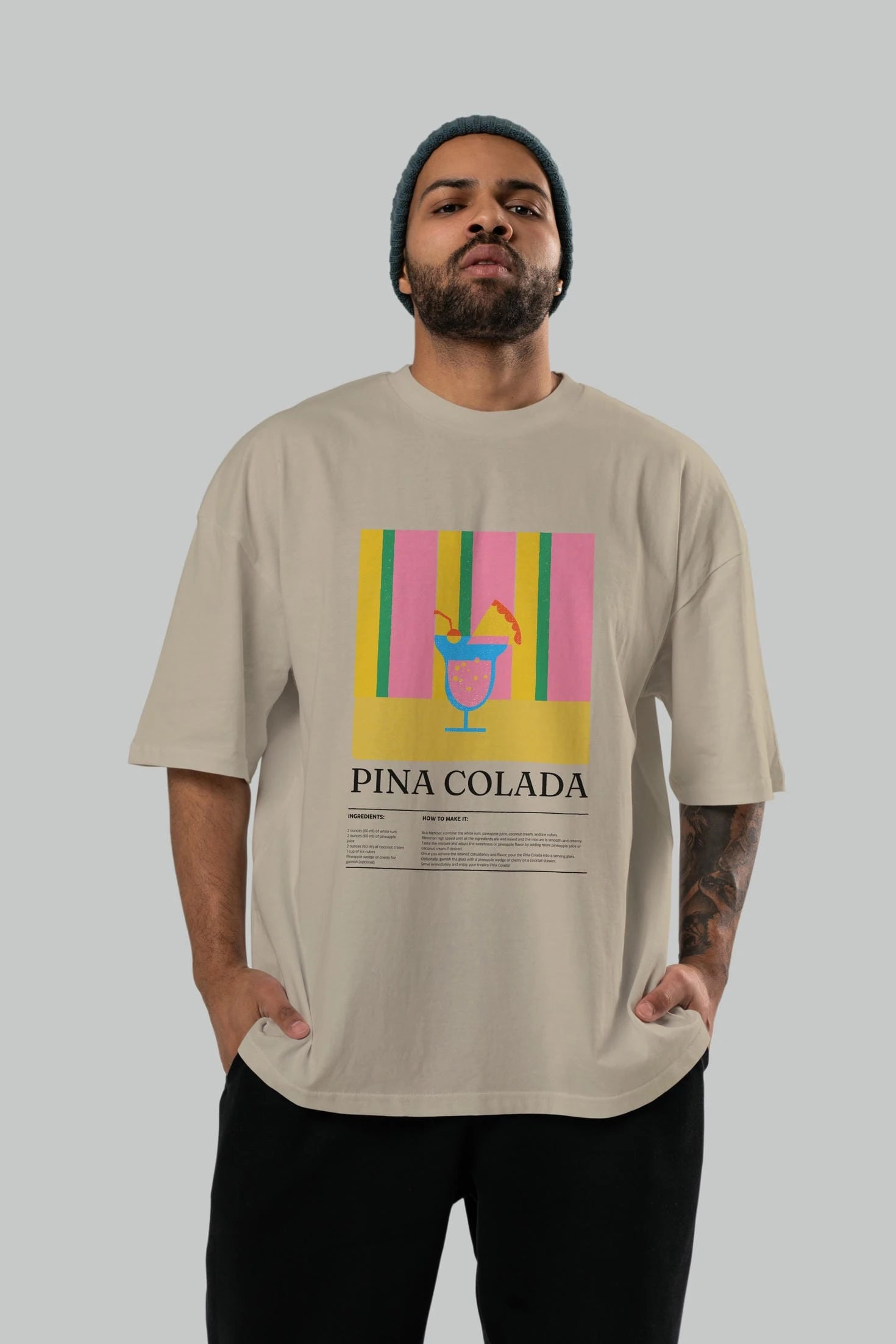 Pina Colada Kokteyl Ön Baskılı Oversize t-shirt Erkek Kadın %100 Pamuk Bisiklet Yaka tişort