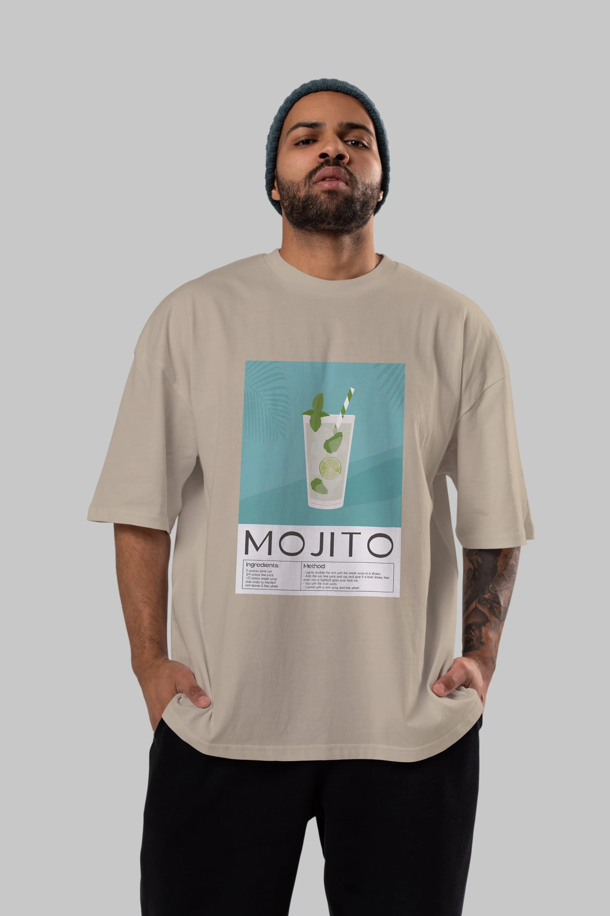 Mojito 4 Ön Baskılı Oversize t-shirt Erkek Kadın Unisex %100 Pamuk Bisiklet Yaka tişort
