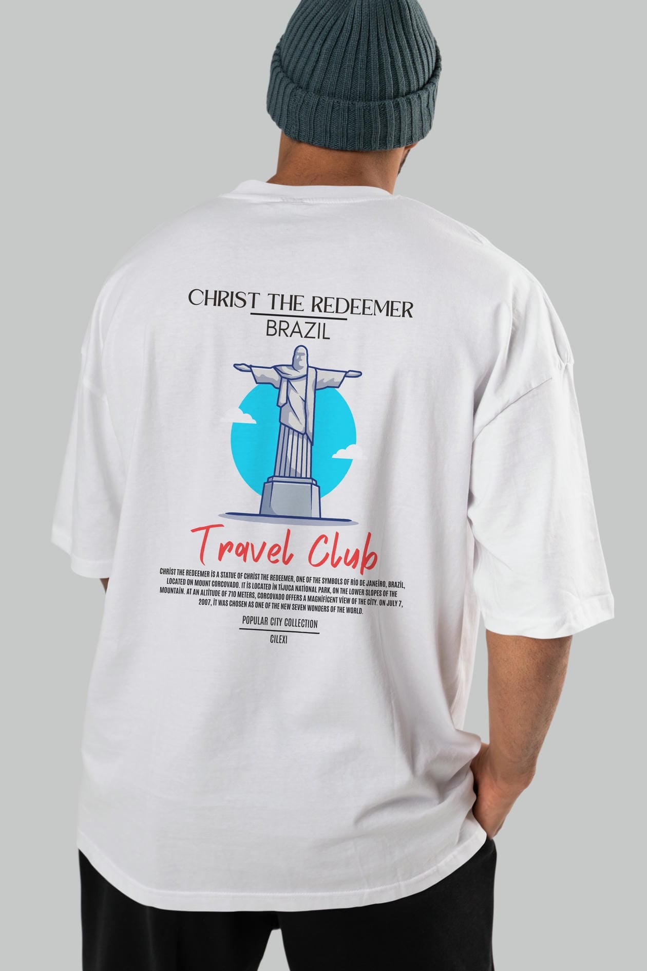 Christ The Redeemer Brazil Arka Baskılı Oversize t-shirt Erkek Kadın Pamuk Bisiklet Yaka tişort