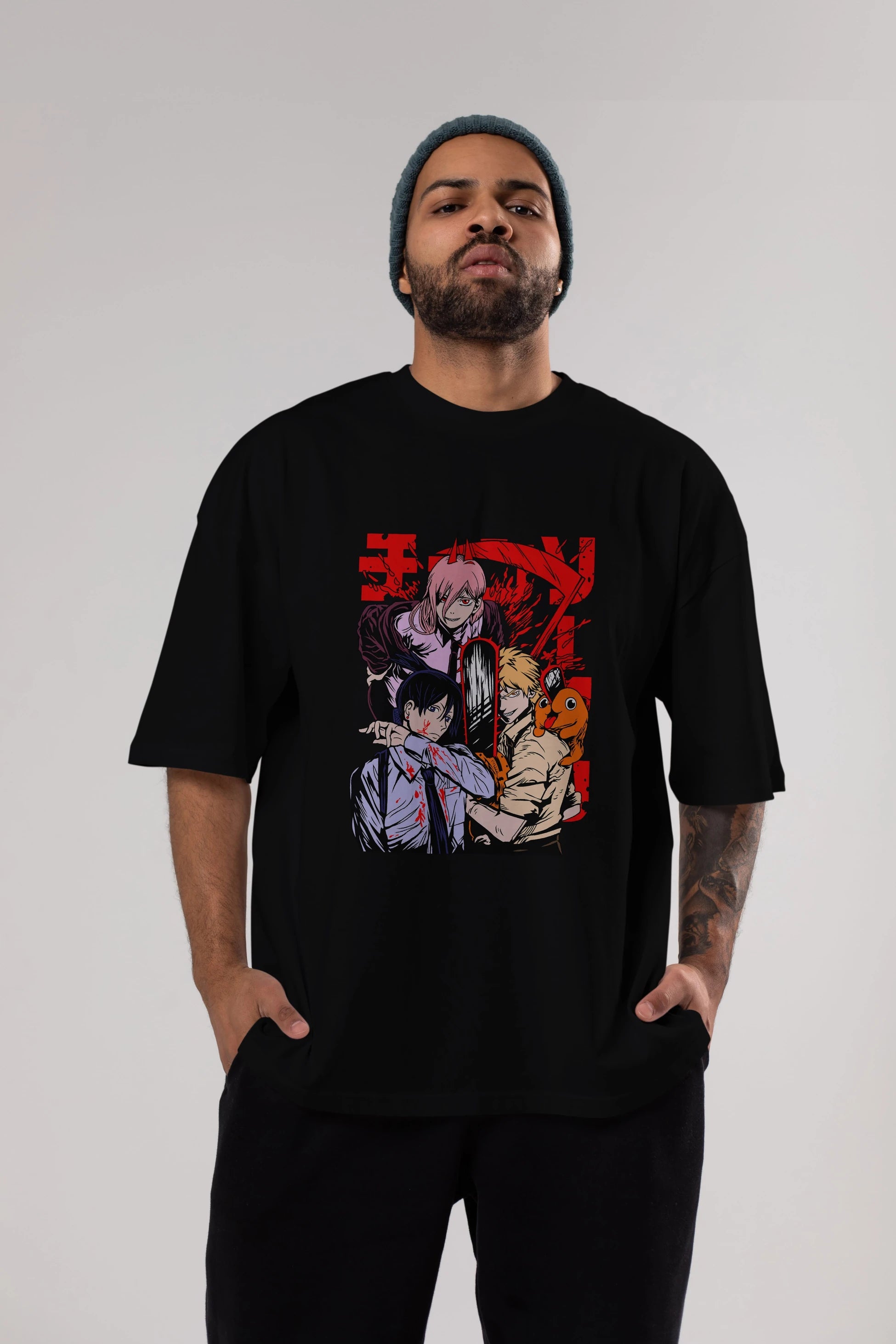 CHAINSAWMAN CREW Anime Ön Baskılı Oversize t-shirt %100 pamuk Erkek Kadın Unisex