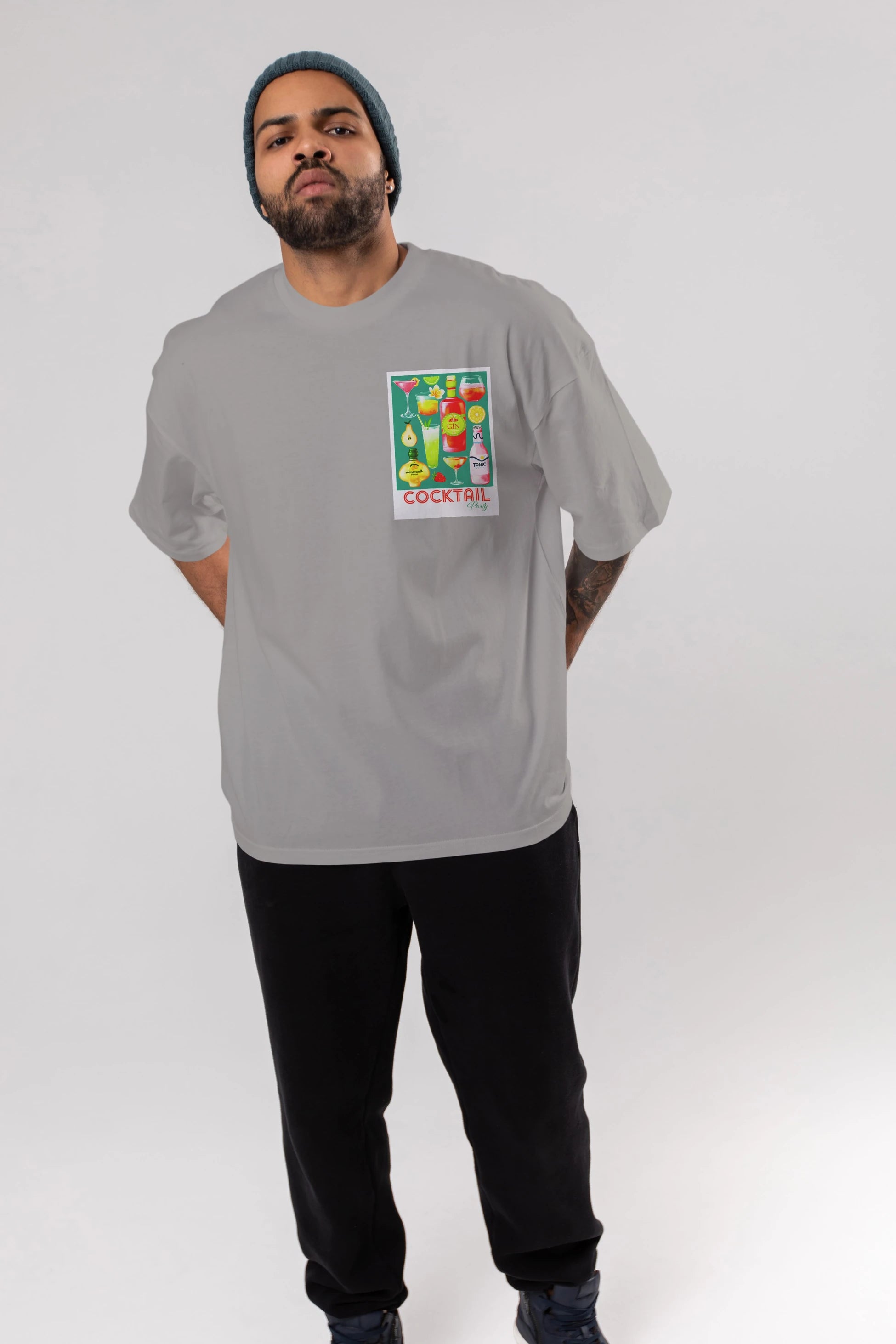 Cocktail Party 2 Ön Sol Baskılı Oversize t-shirt Erkek Kadın Unisex %100 Pamuk Bisiklet Yaka tişort