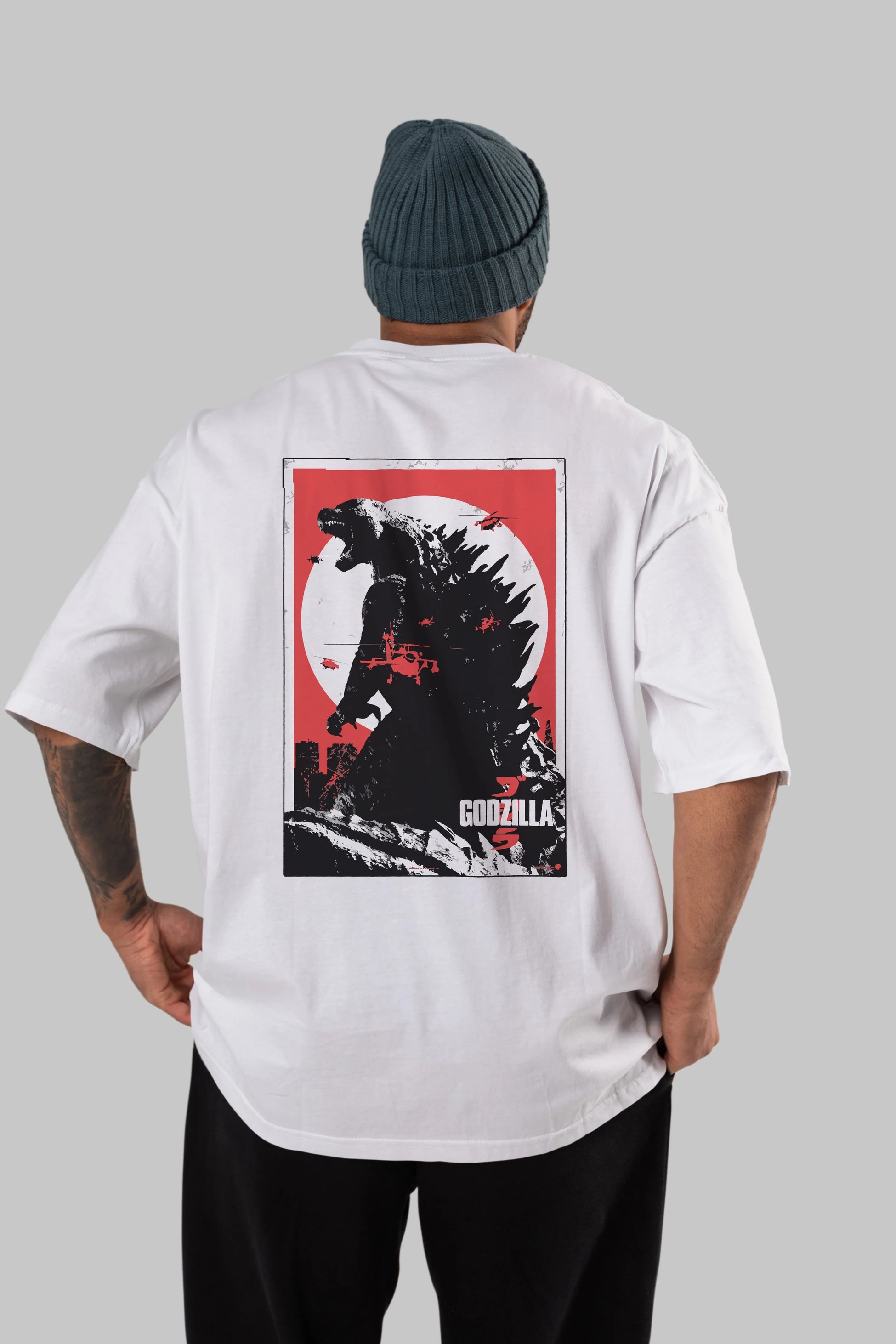 Godzilla (2) Arka Baskılı Oversize t-shirt Erkek Kadın Unisex %100 Pamuk Bisiklet Yaka tişort
