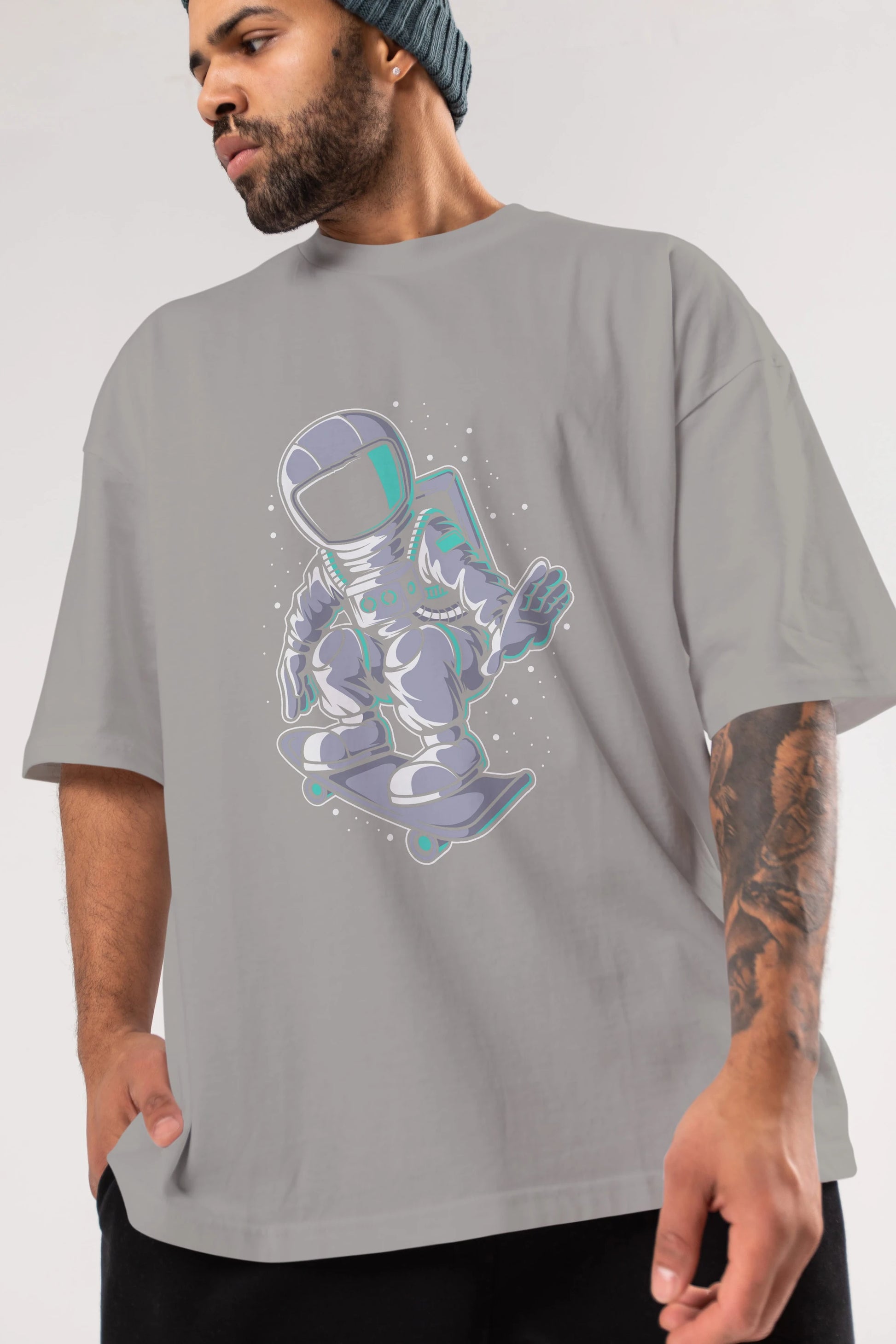 Astronaut Skater Ön Baskılı Oversize t-shirt Erkek Kadın Unisex