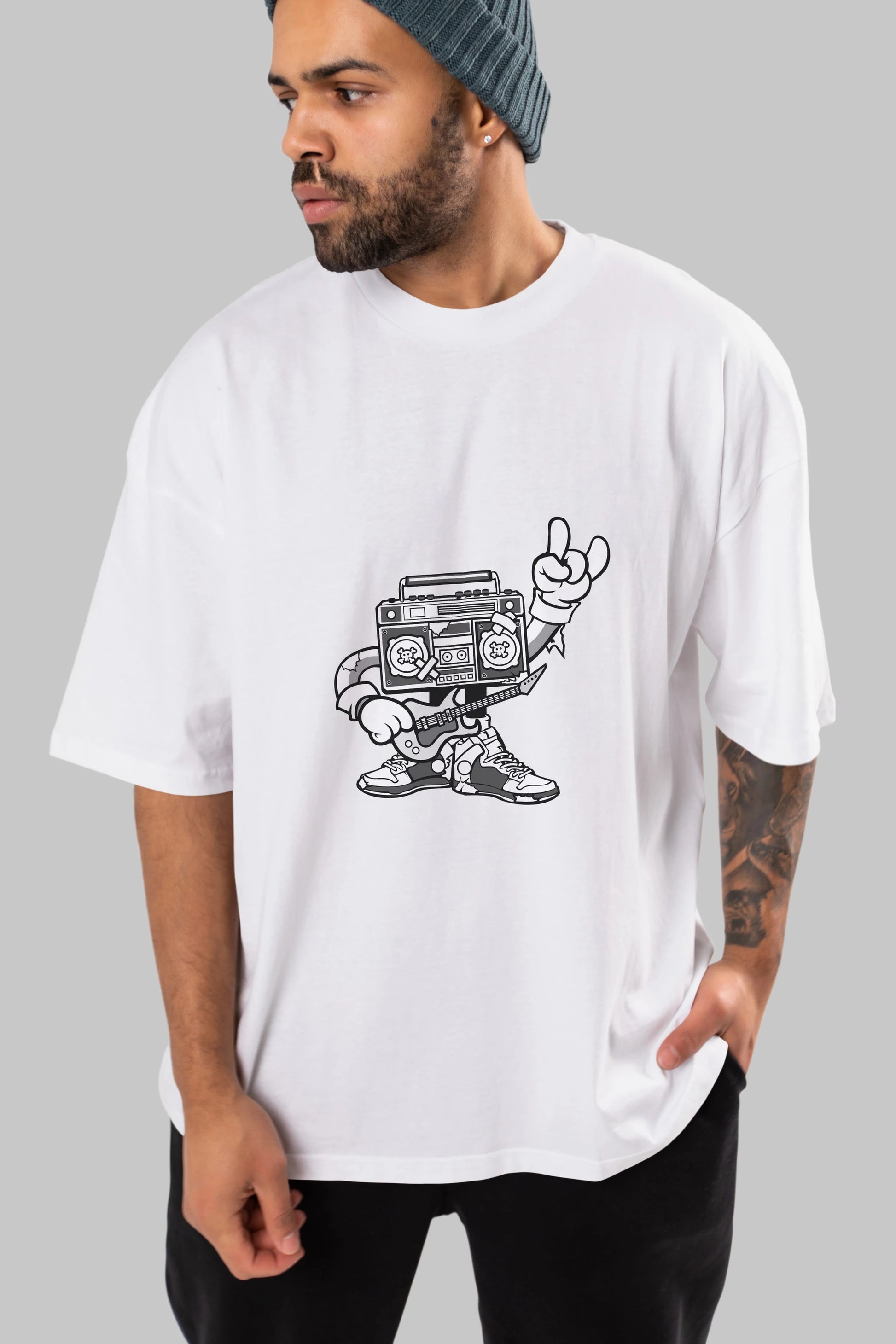 Boombox Rockstar Ön Baskılı Oversize t-shirt Erkek Kadın Unisex %100 Pamuk tişort