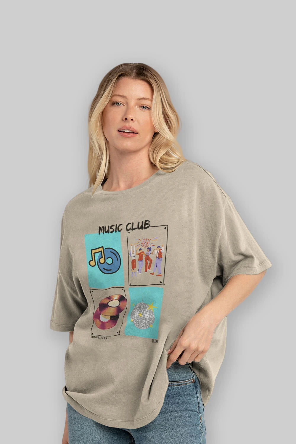 Music Club ön Baskılı Oversize t-shirt Erkek Kadın %100 Pamuk Bisiklet Yaka tişort