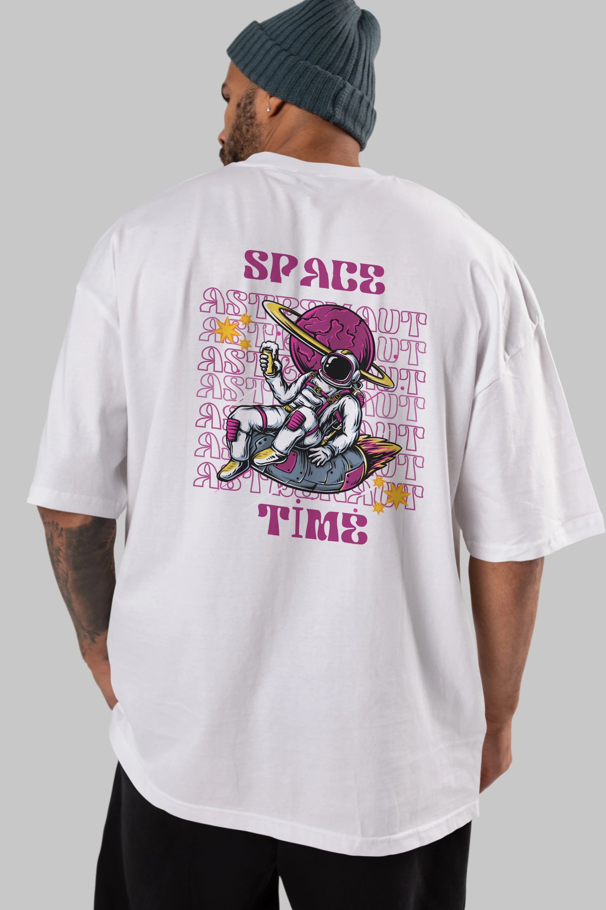 Space Time Astronaut Yazılı Arka Baskılı Oversize t-shirt Erkek Kadın Unisex