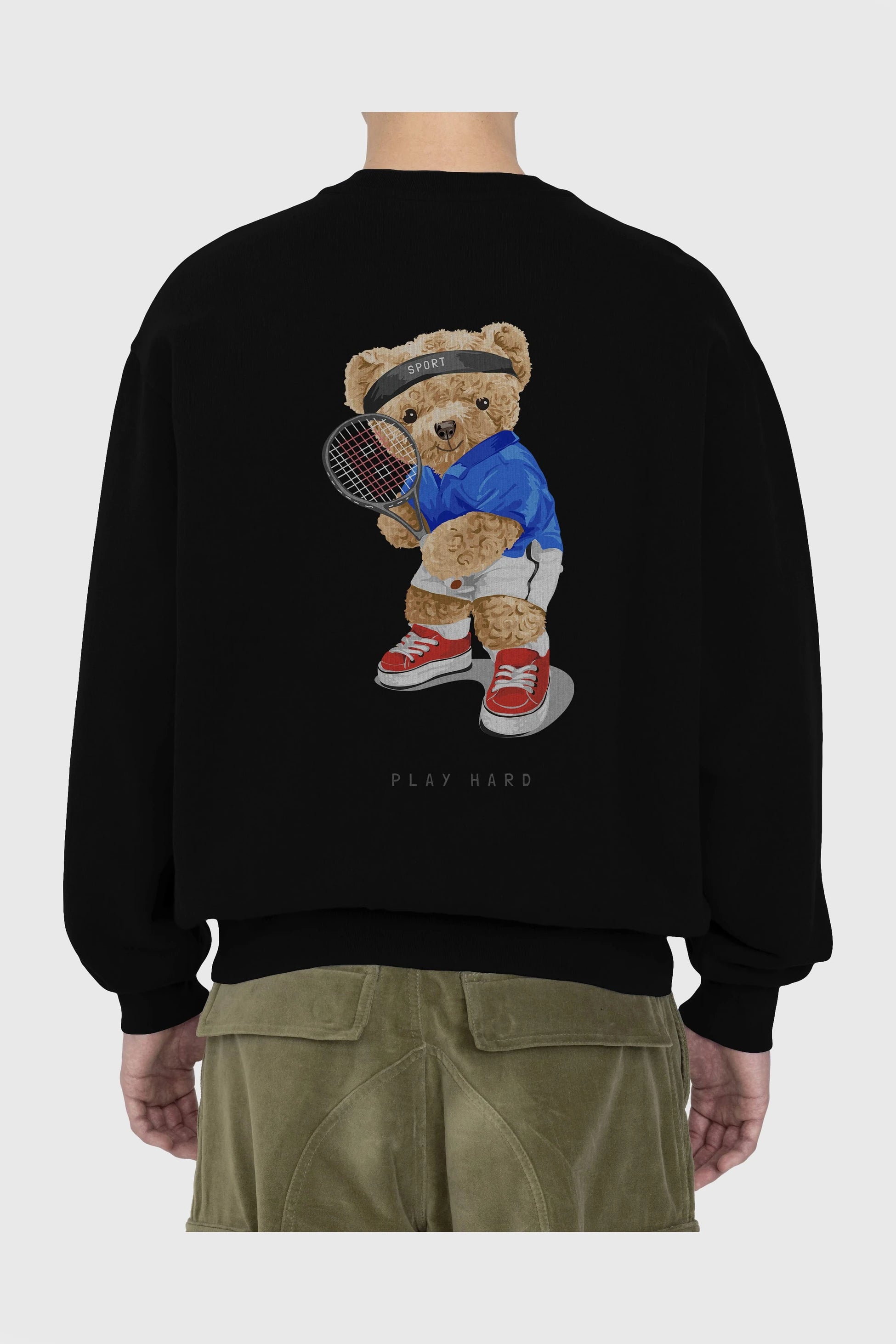 Teddy Bear Play Hard Arka Baskılı Oversize Sweatshirt Erkek Kadın Unisex