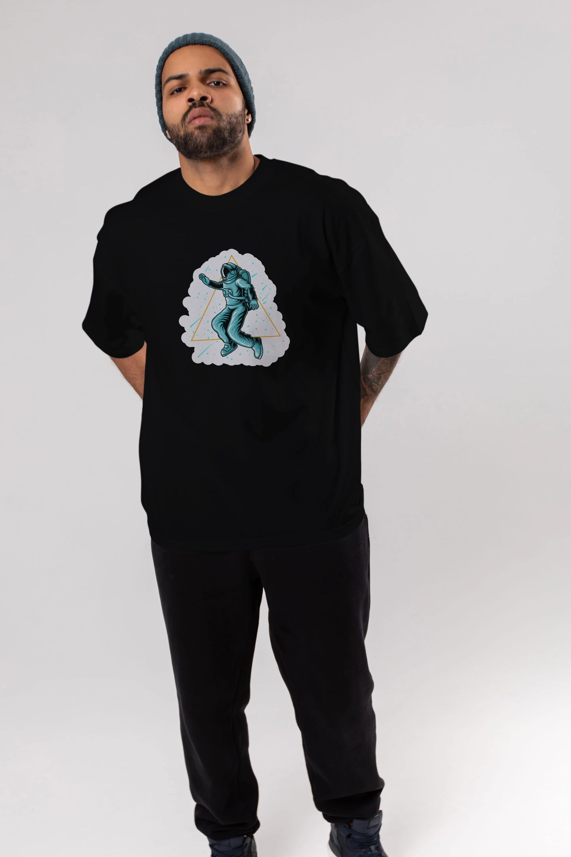 Astronaut Starry Triangle Sticker Ön Baskılı Oversize t-shirt Erkek Kadın Unisex