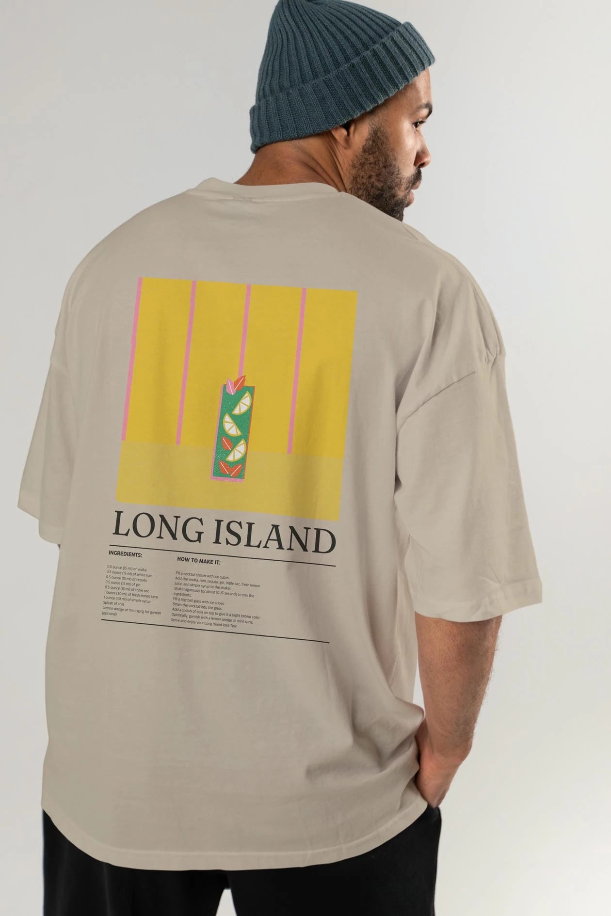 Long Island Kokteyl Serisi Arka Baskılı Oversize t-shirt Erkek Kadın %100 Pamuk Bisiklet Yaka tişort