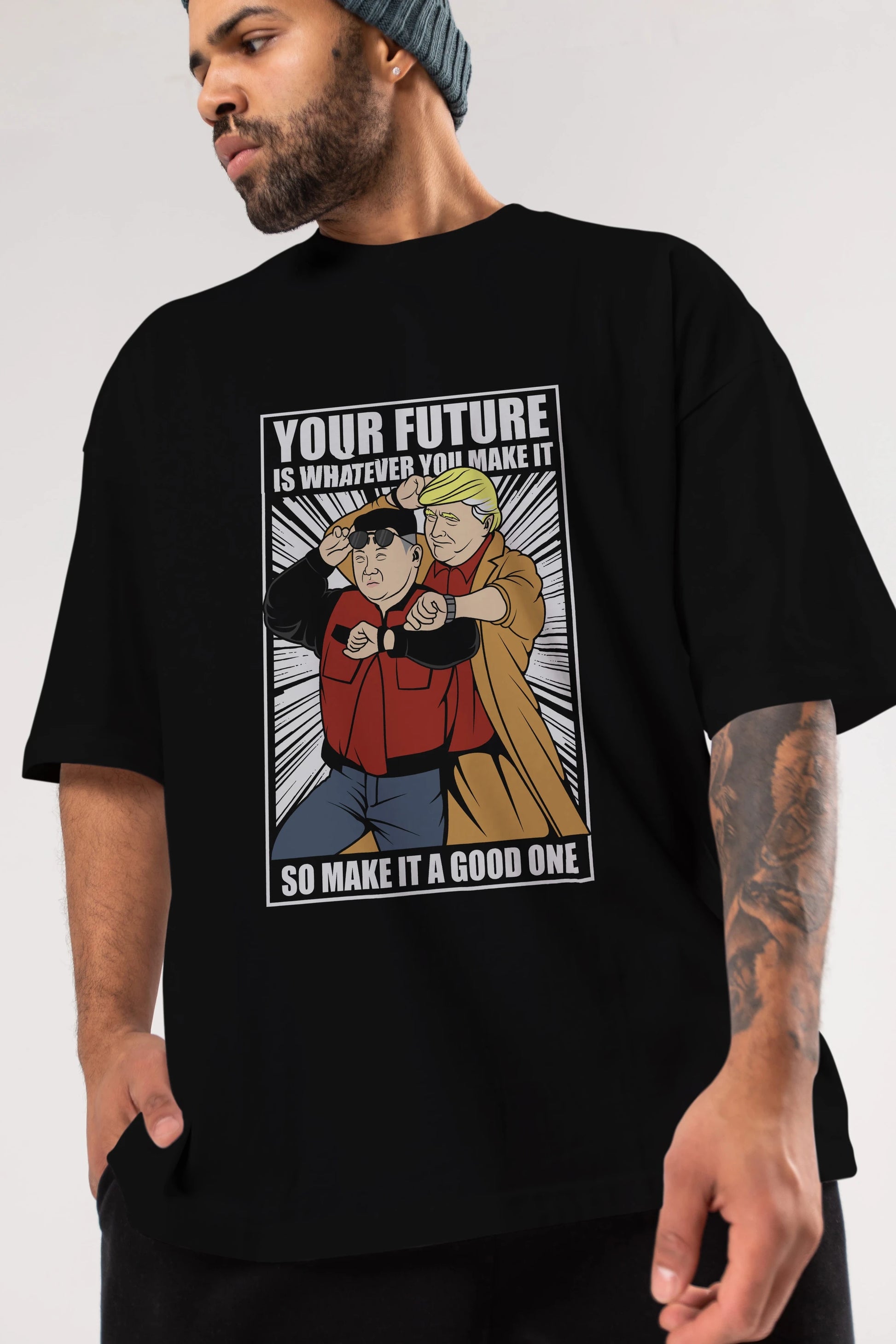 Back To The Future Jong Un Trump Ön Baskılı Oversize t-shirt Erkek Kadın Unisex %100 Pamuk tişort