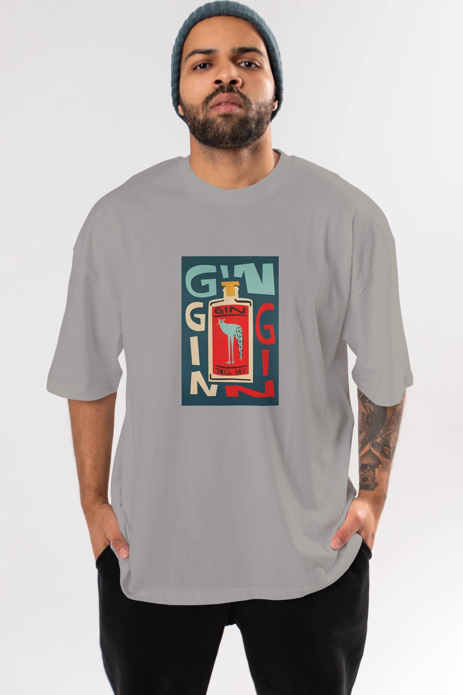Gin 2 Ön Baskılı Oversize t-shirt Erkek Kadın Unisex %100 Pamuk Bisiklet Yaka tişort