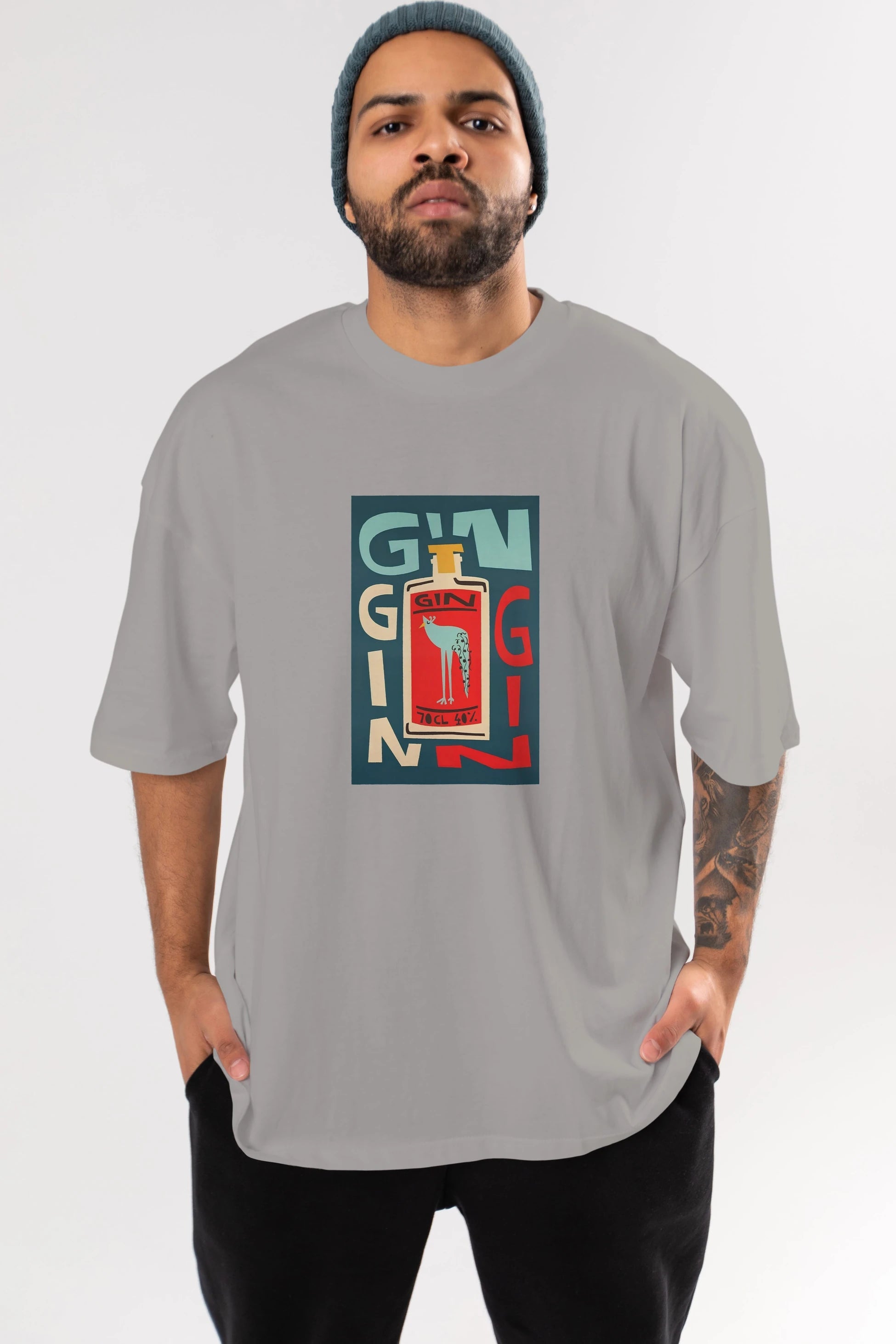 Gin 2 Ön Baskılı Oversize t-shirt Erkek Kadın Unisex %100 Pamuk Bisiklet Yaka tişort