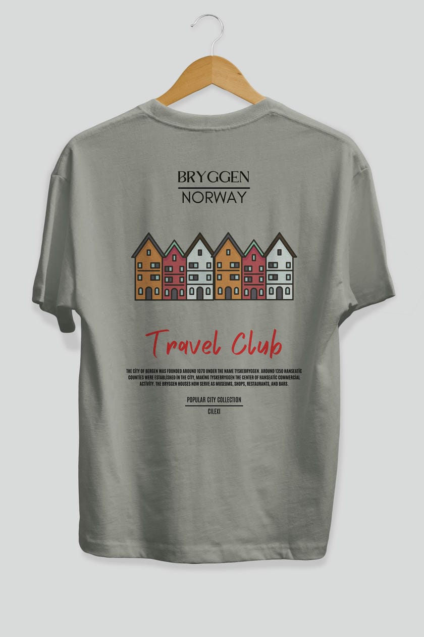 Bryggen Norway Arka Baskılı Oversize t-shirt Erkek Kadın Pamuk Bisiklet Yaka tişort