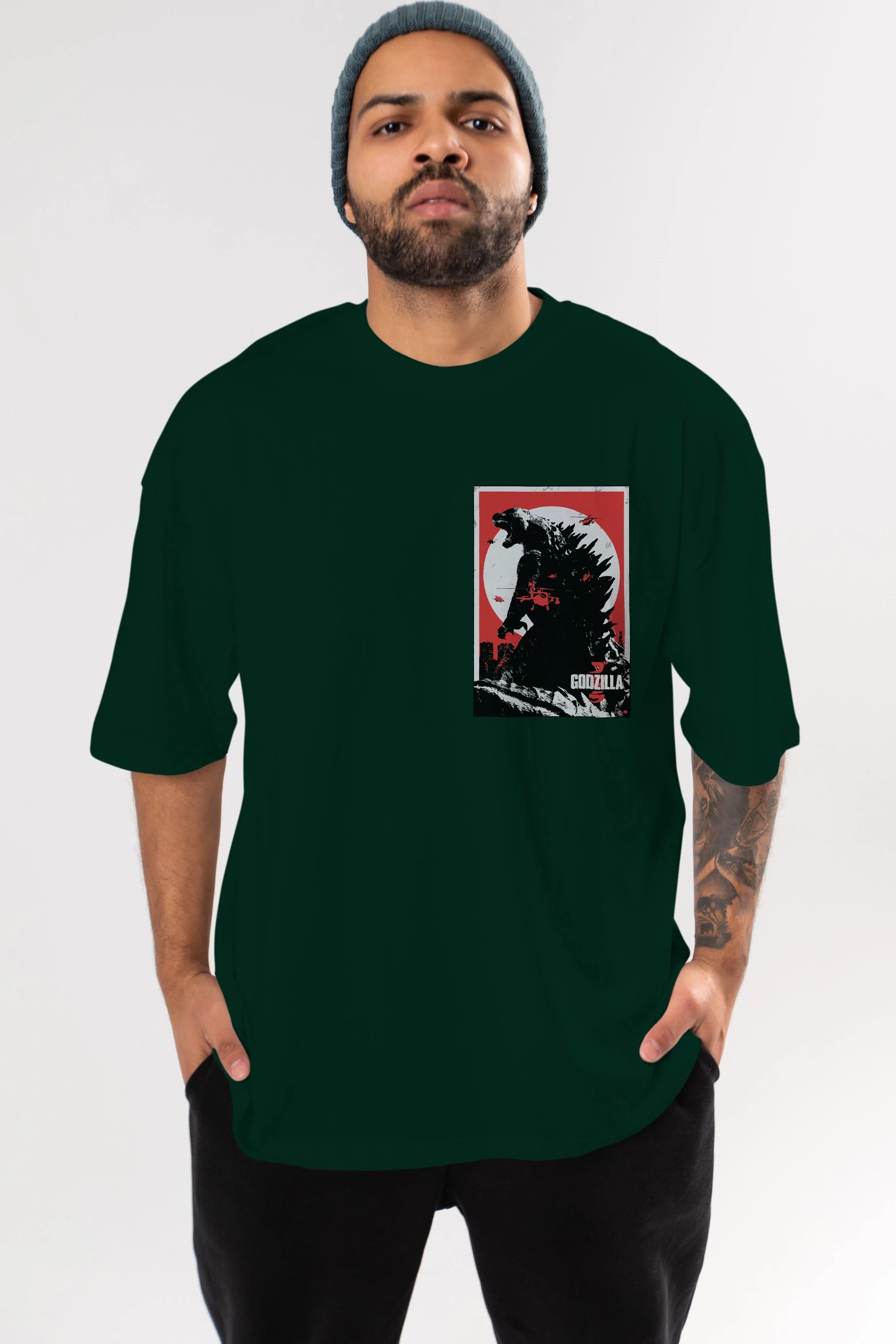 Godzilla (2) Ön Sol Baskılı Oversize t-shirt Erkek Kadın Unisex %100 Pamuk Bisiklet Yaka tişort
