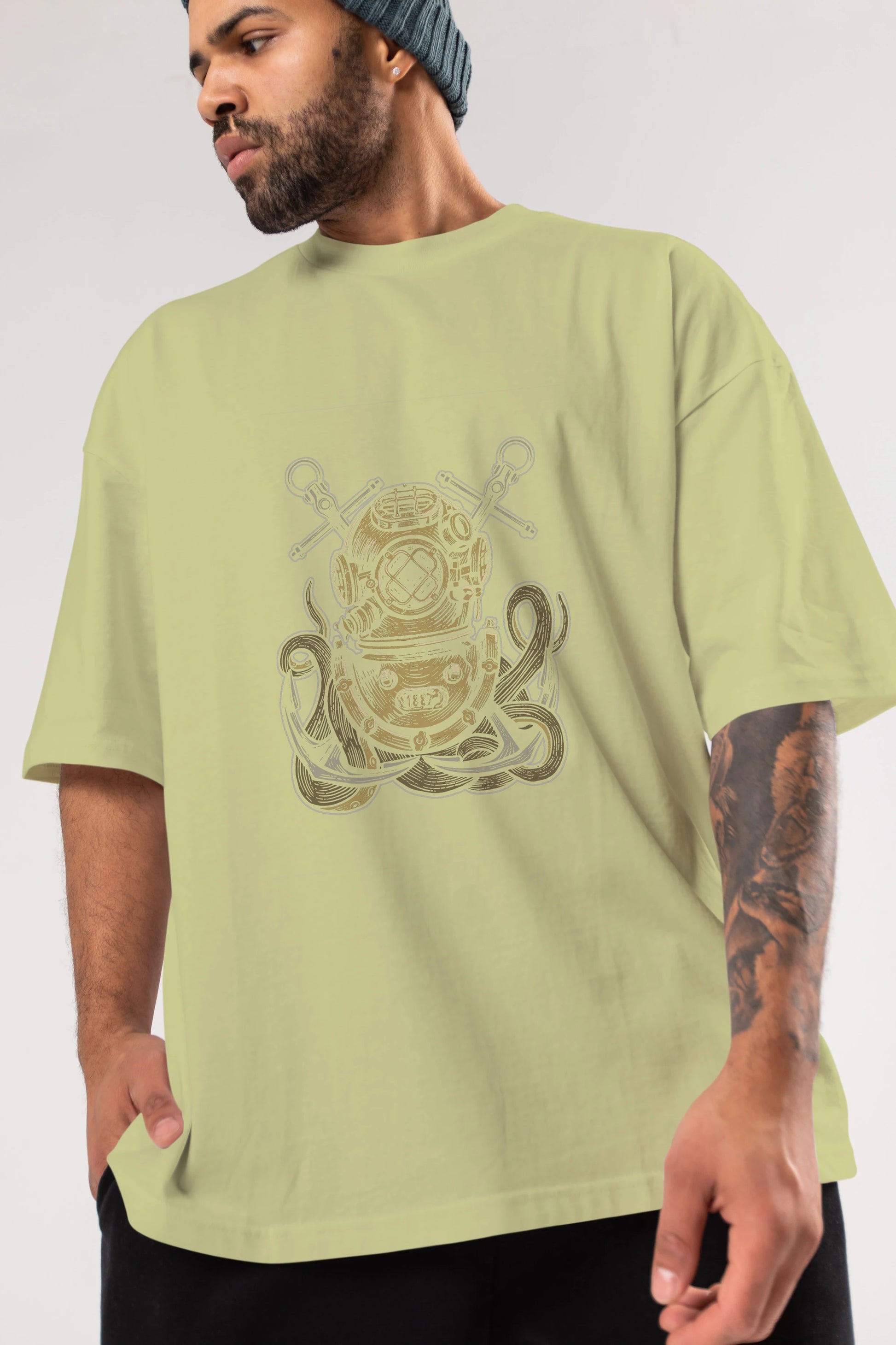 Diver Octopus Ön Baskılı Oversize t-shirt Erkek Kadın Unisex %100 Pamuk tişort