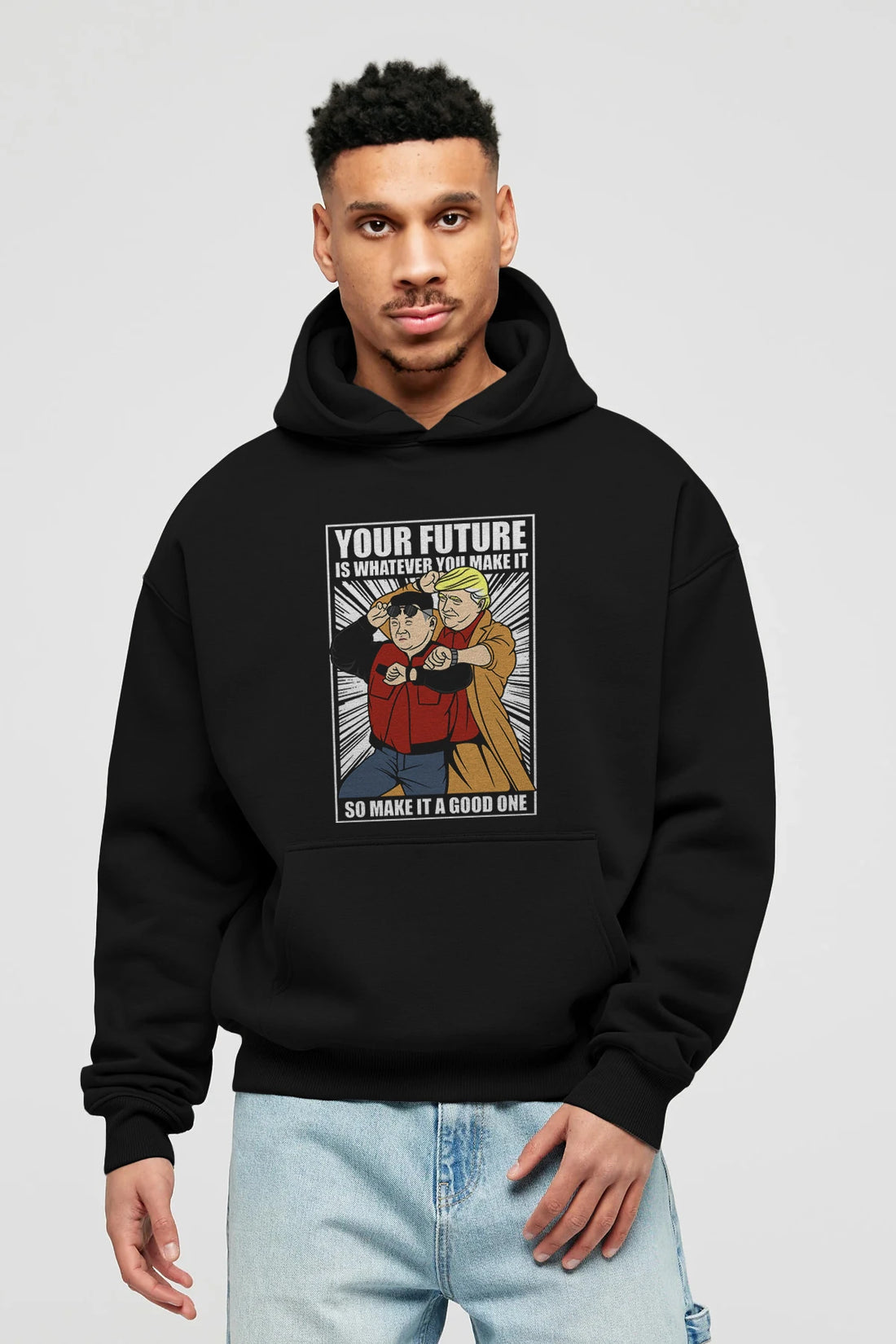 Back To The Future Jong Un Trump Ön Baskılı Hoodie Oversize Kapüşonlu Sweatshirt Erkek Kadın Unisex