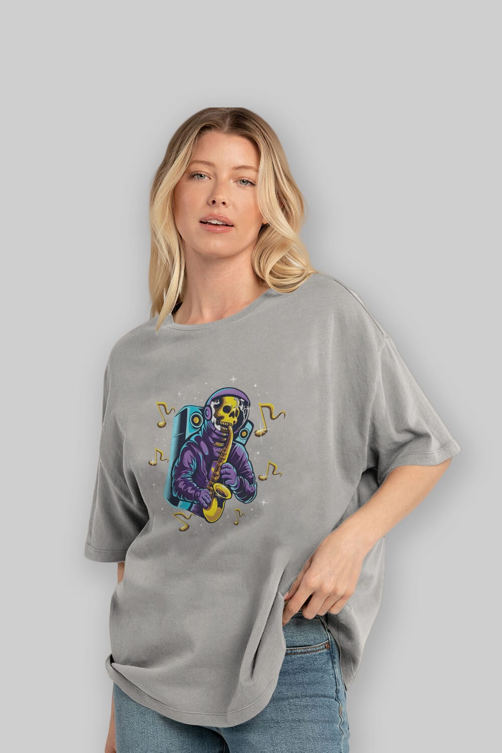 Astroskull Saxophonist Ön Baskılı Oversize t-shirt Erkek Kadın Unisex