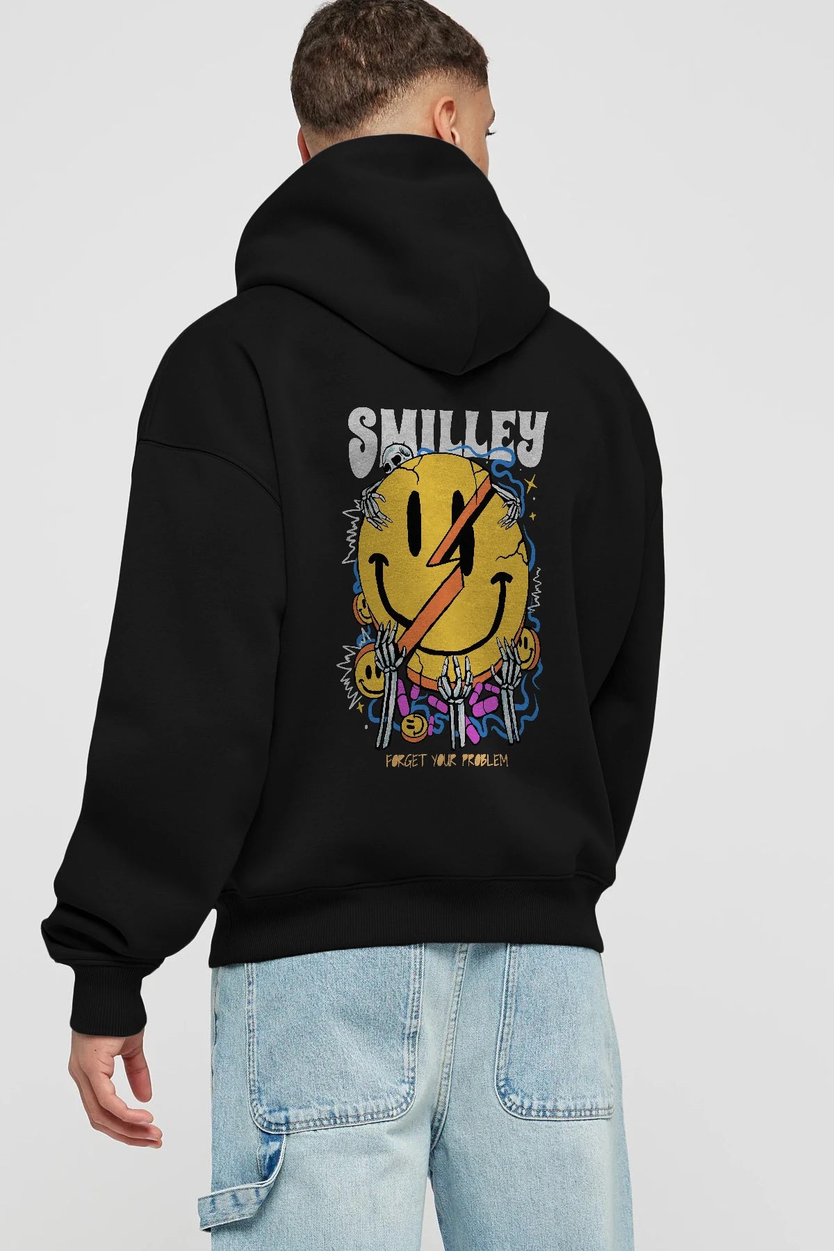 Smilley Streetwear Arka Baskılı Hoodie Oversize Kapüşonlu Sweatshirt Erkek Kadın Unisex