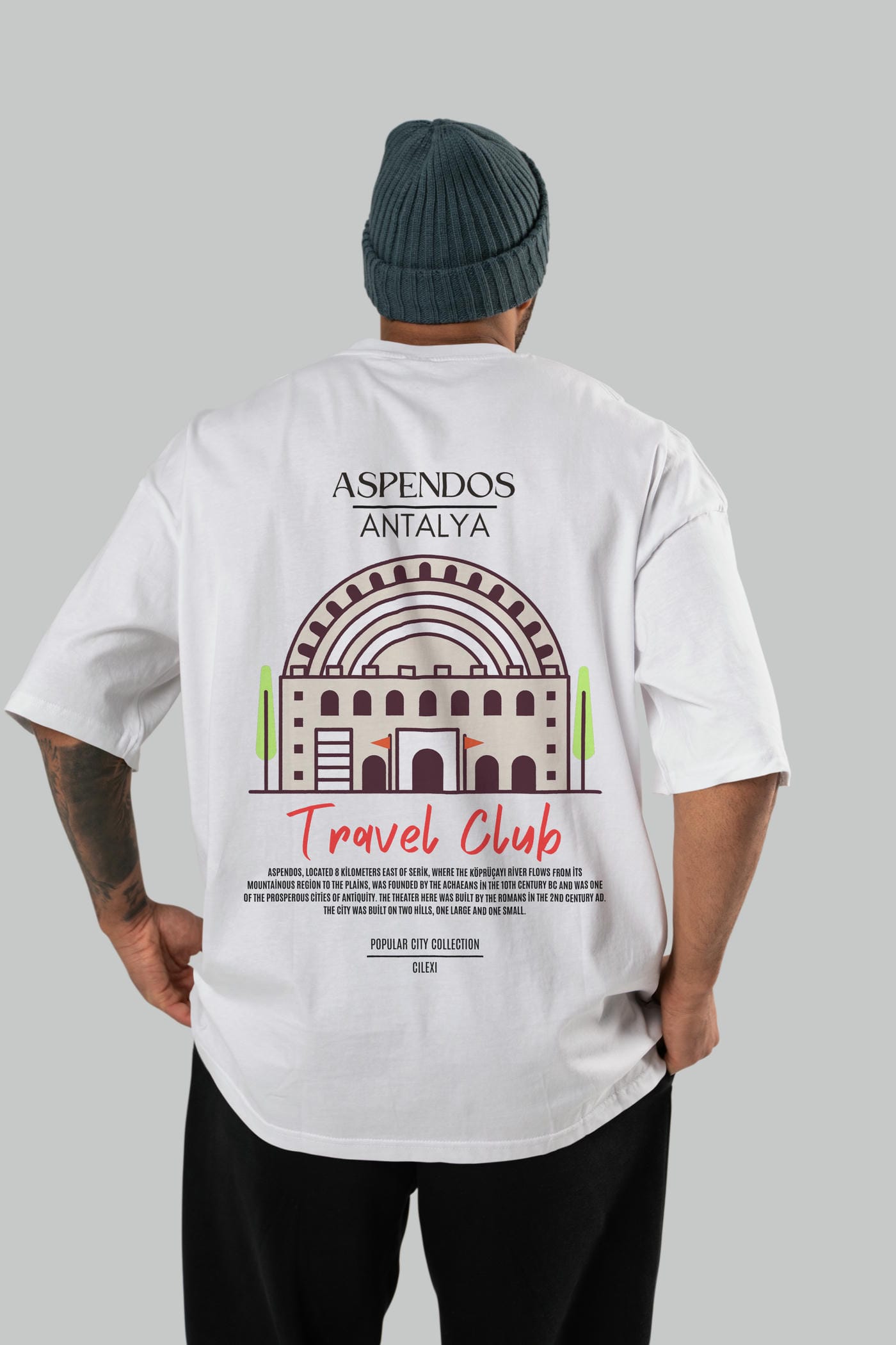 Aspendos Antalya Arka Baskılı Oversize t-shirt Erkek Kadın Pamuk Bisiklet Yaka tişort
