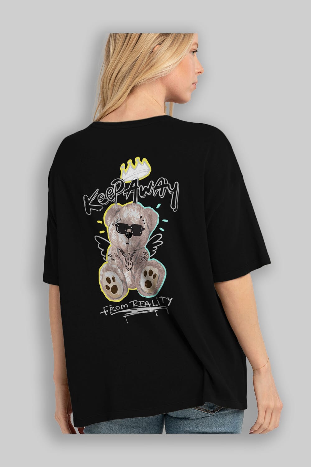 Keep Away Bear Arka Baskılı Oversize t-shirt Erkek Kadın Unisex