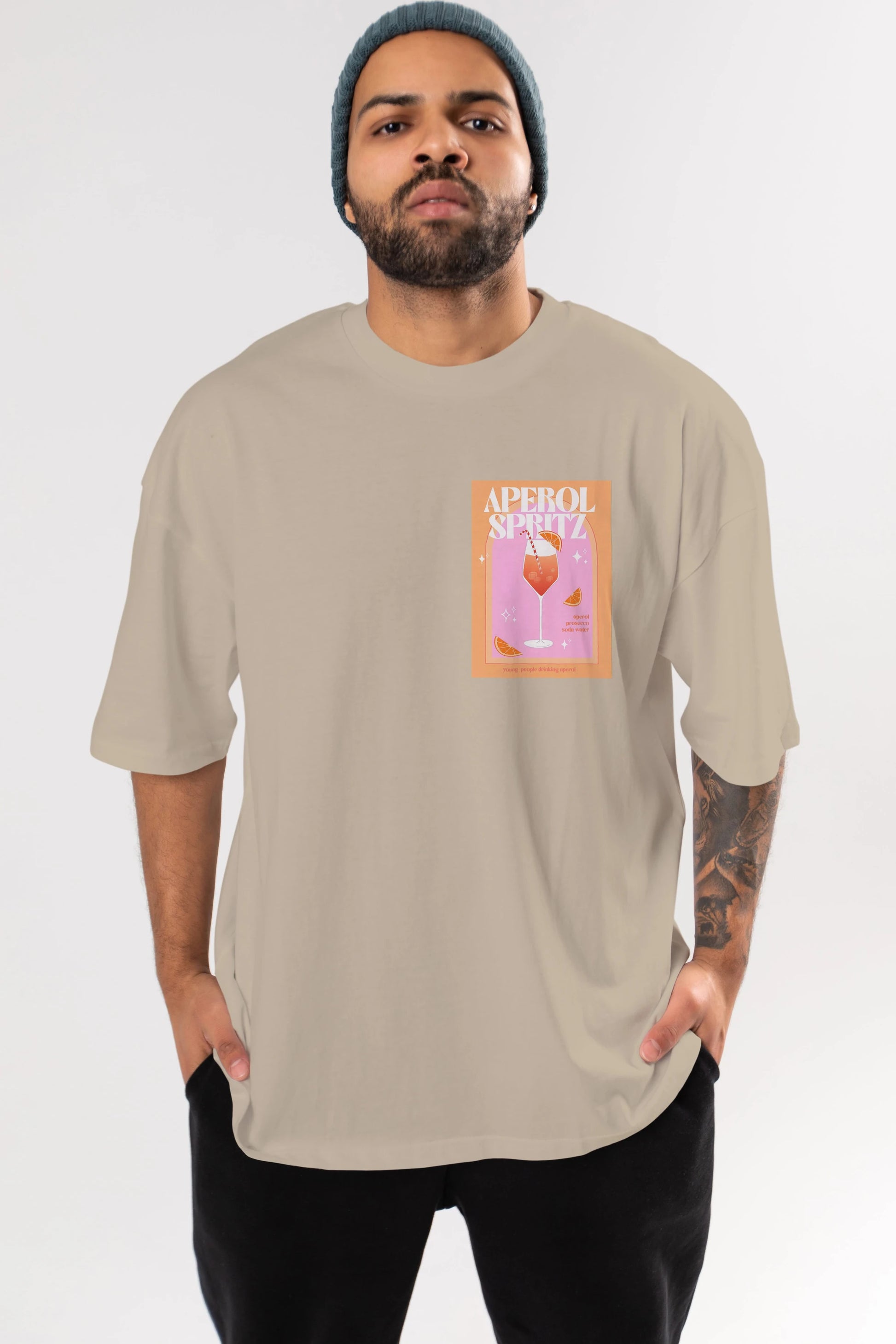 Aperol Spritz 2 Ön Sol Baskılı Oversize t-shirt Erkek Kadın Unisex %100 Pamuk Bisiklet Yaka tişort