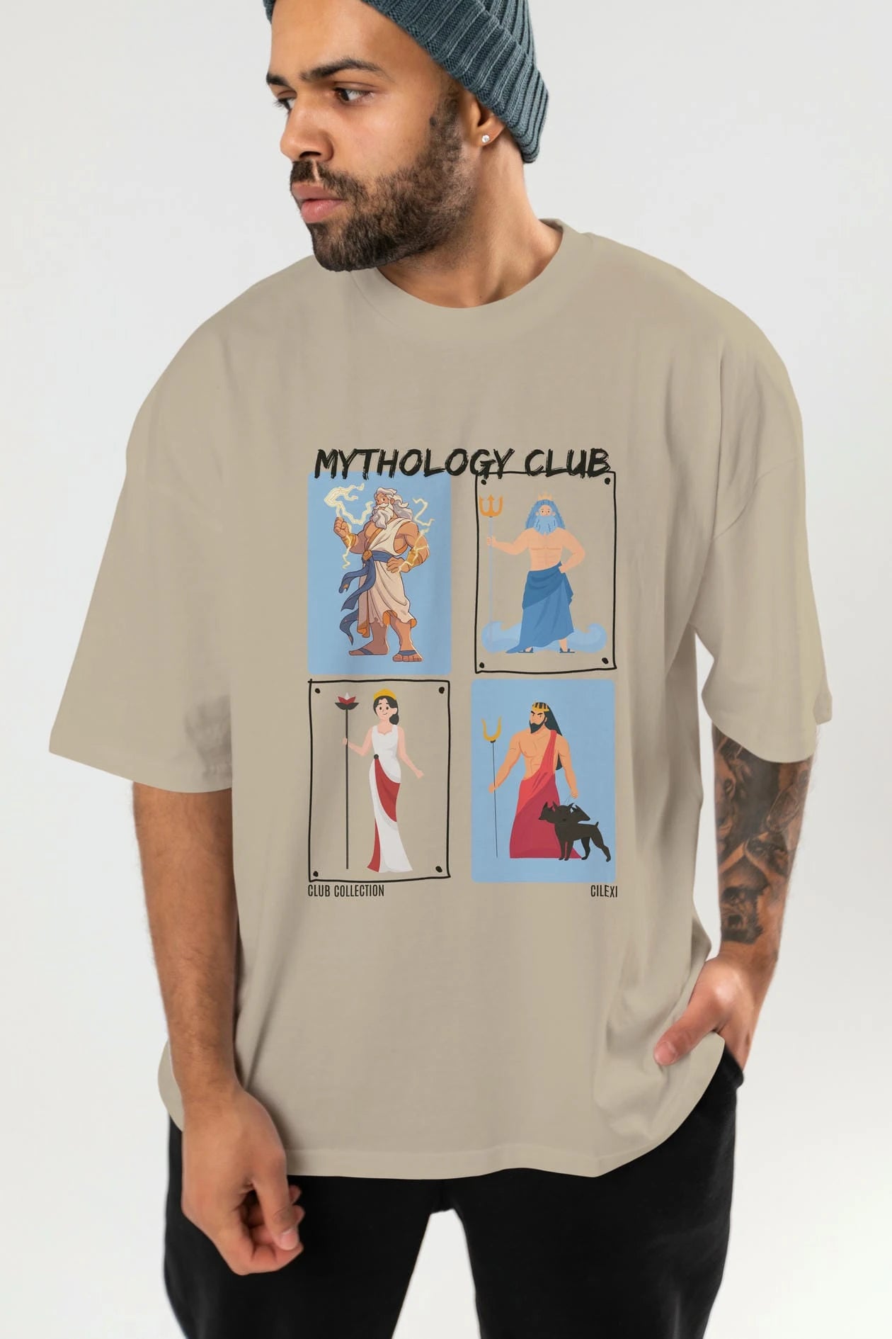Mythology Club 2 ön Baskılı Oversize t-shirt Erkek Kadın %100 Pamuk Bisiklet Yaka tişort