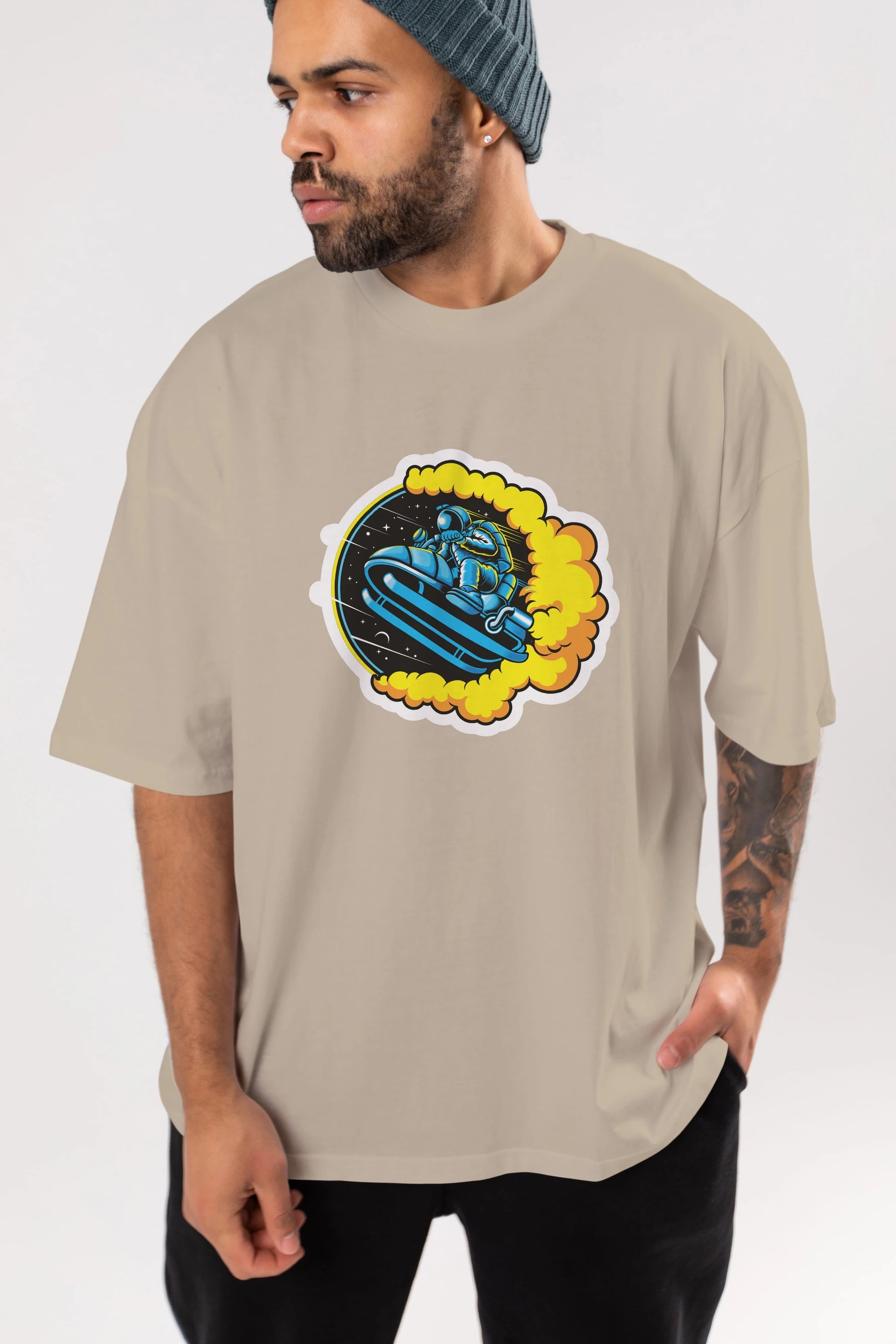 Astrojump with Snowmobile Sticker Ön Baskılı Oversize t-shirt Erkek Kadın Unisex