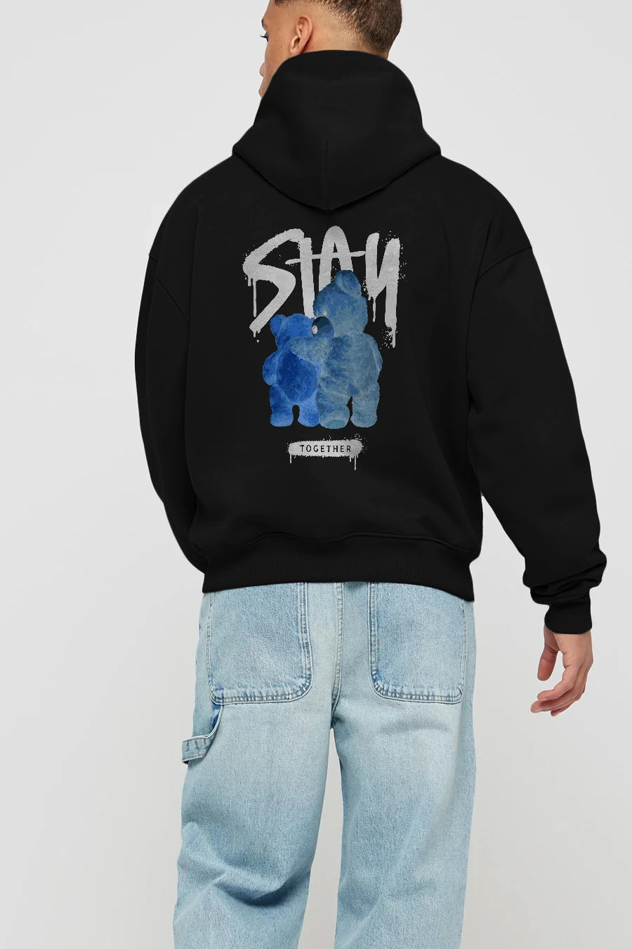 Stay Together Bear Arka Baskılı Hoodie Oversize Kapüşonlu Sweatshirt Erkek Kadın Unisex