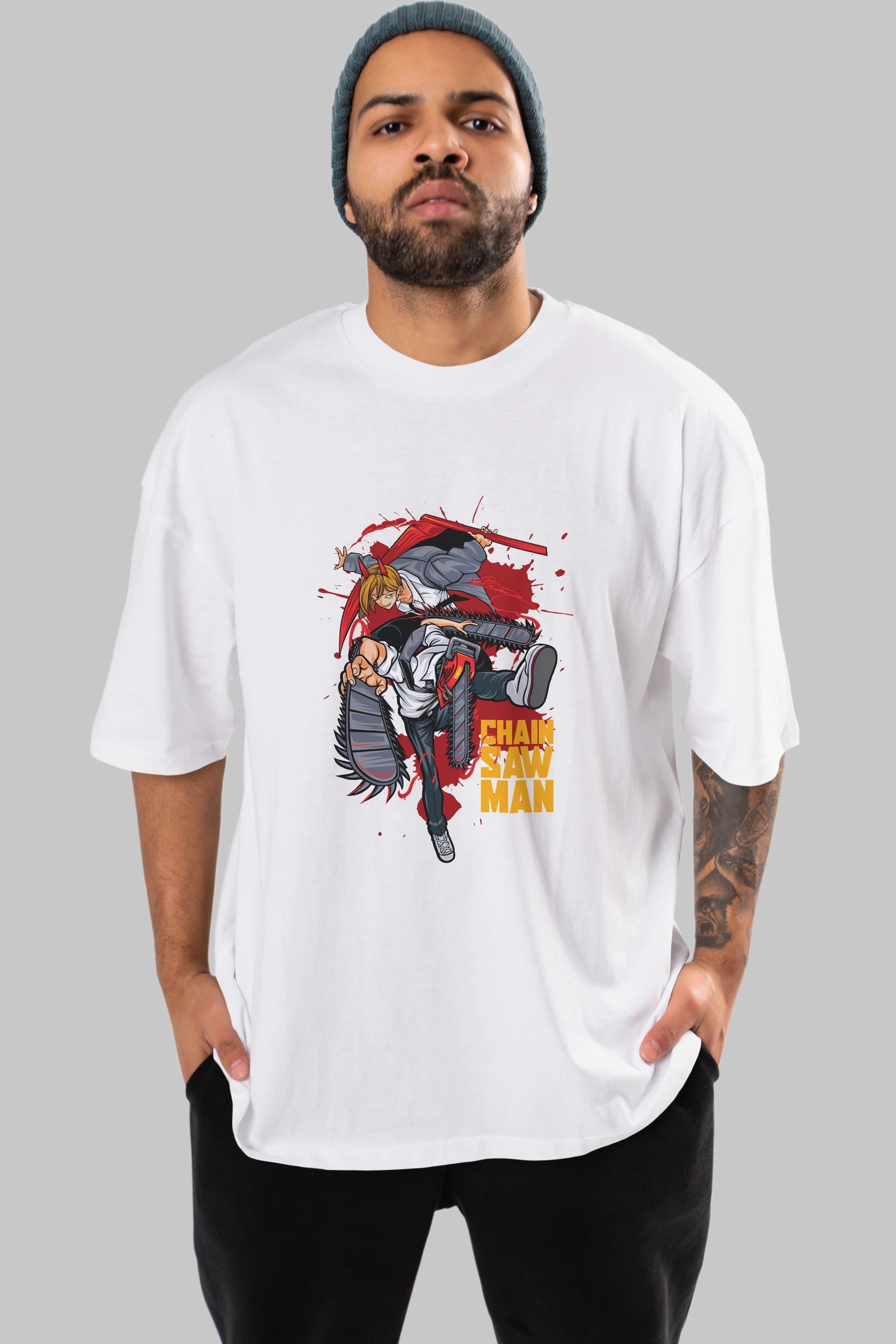 DENJI and POWER Anime Ön Baskılı Oversize t-shirt %100 pamuk Erkek Kadın Unisex