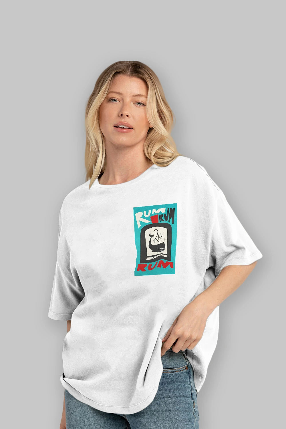 Rum Ön Sol Baskılı Oversize t-shirt Erkek Kadın Unisex %100 Pamuk Bisiklet Yaka tişort