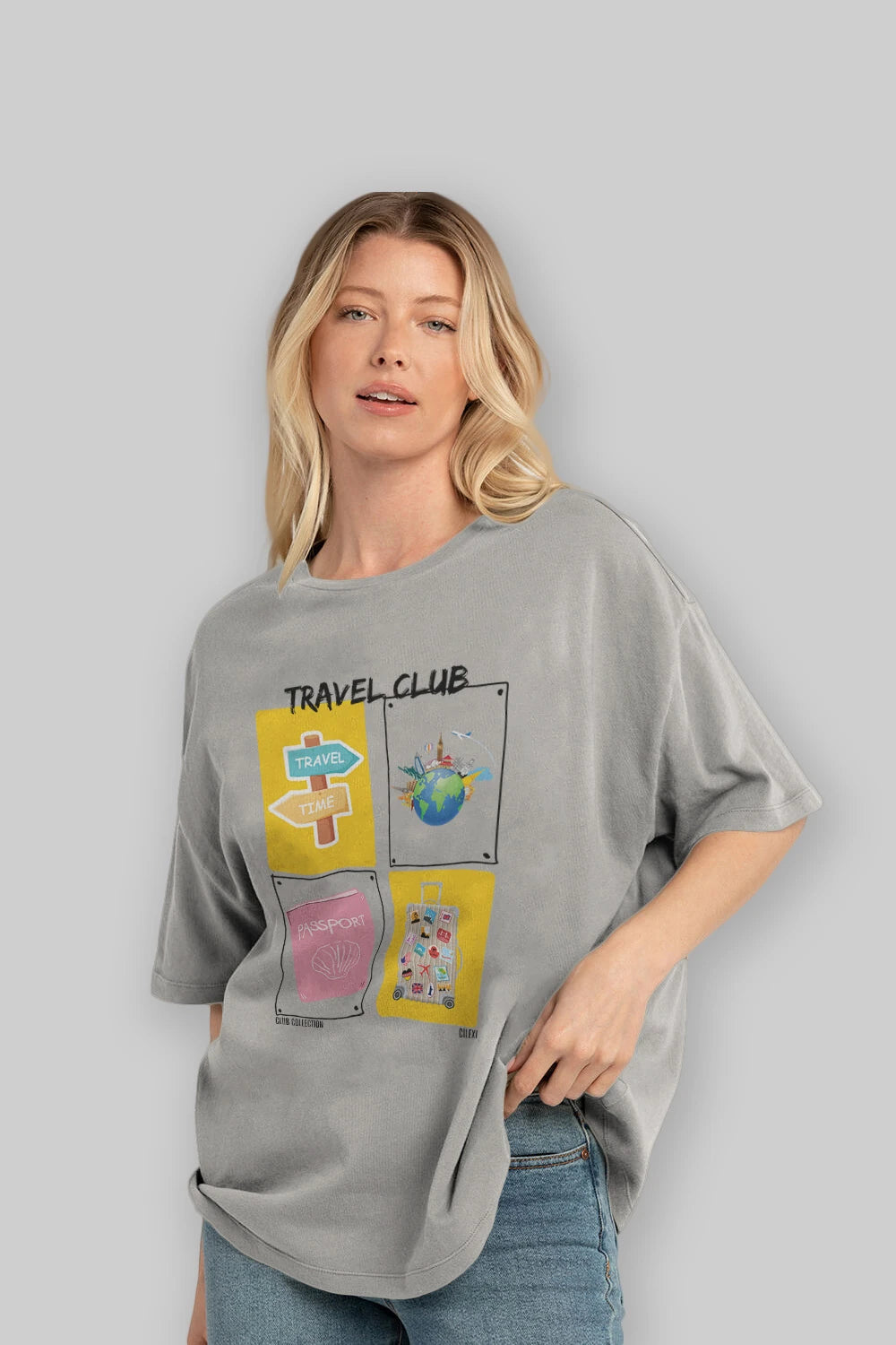 Travel Club ön Baskılı Oversize t-shirt Erkek Kadın %100 Pamuk Bisiklet Yaka tişort
