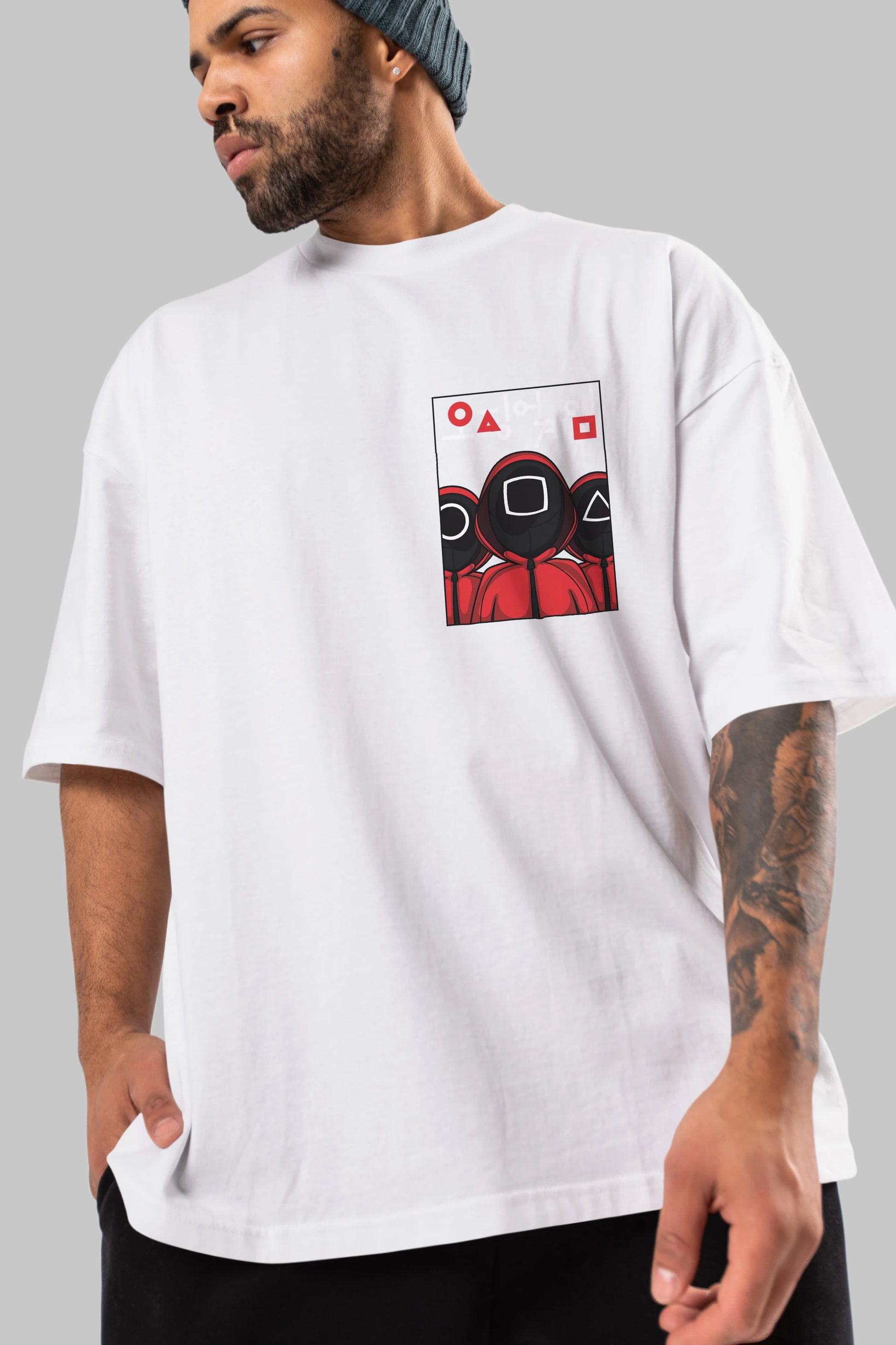 Squid Game (7) Ön Sol Baskılı Oversize t-shirt Erkek Kadın Unisex %100 Pamuk Bisiklet Yaka tişort