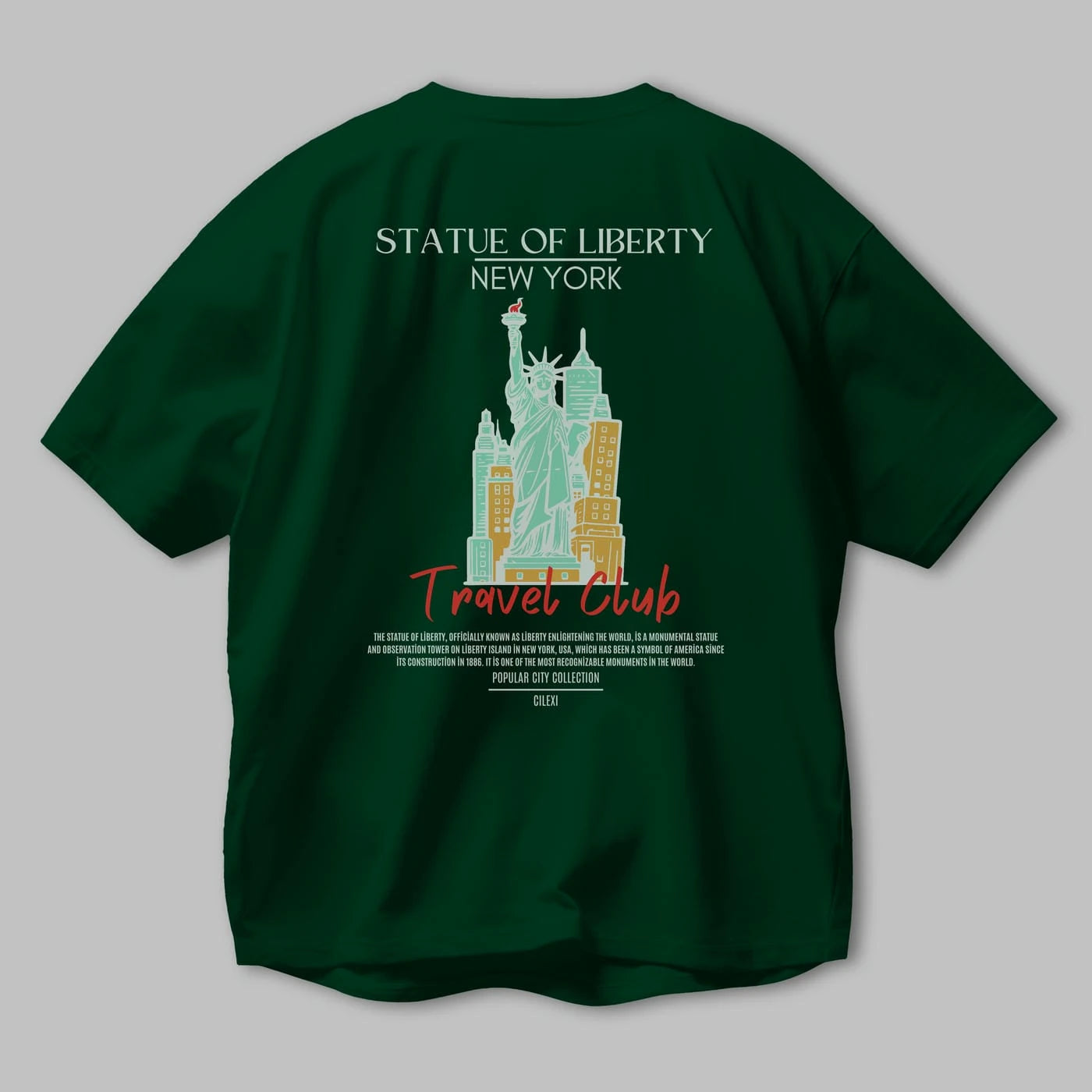 Statue Of Liberty New York Arka Baskılı Oversize t-shirt Erkek Kadın Pamuk Bisiklet Yaka tişort