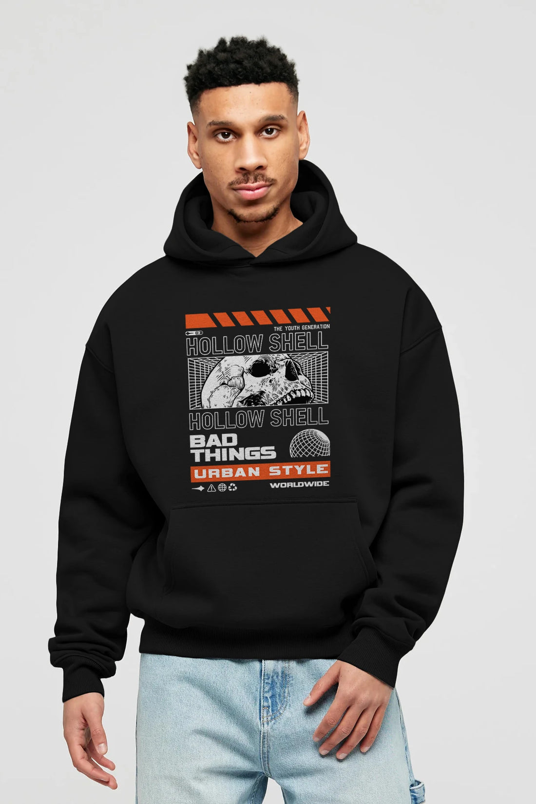 Hollow Shell Ön Baskılı Hoodie Oversize Kapüşonlu Sweatshirt Erkek Kadın Unisex
