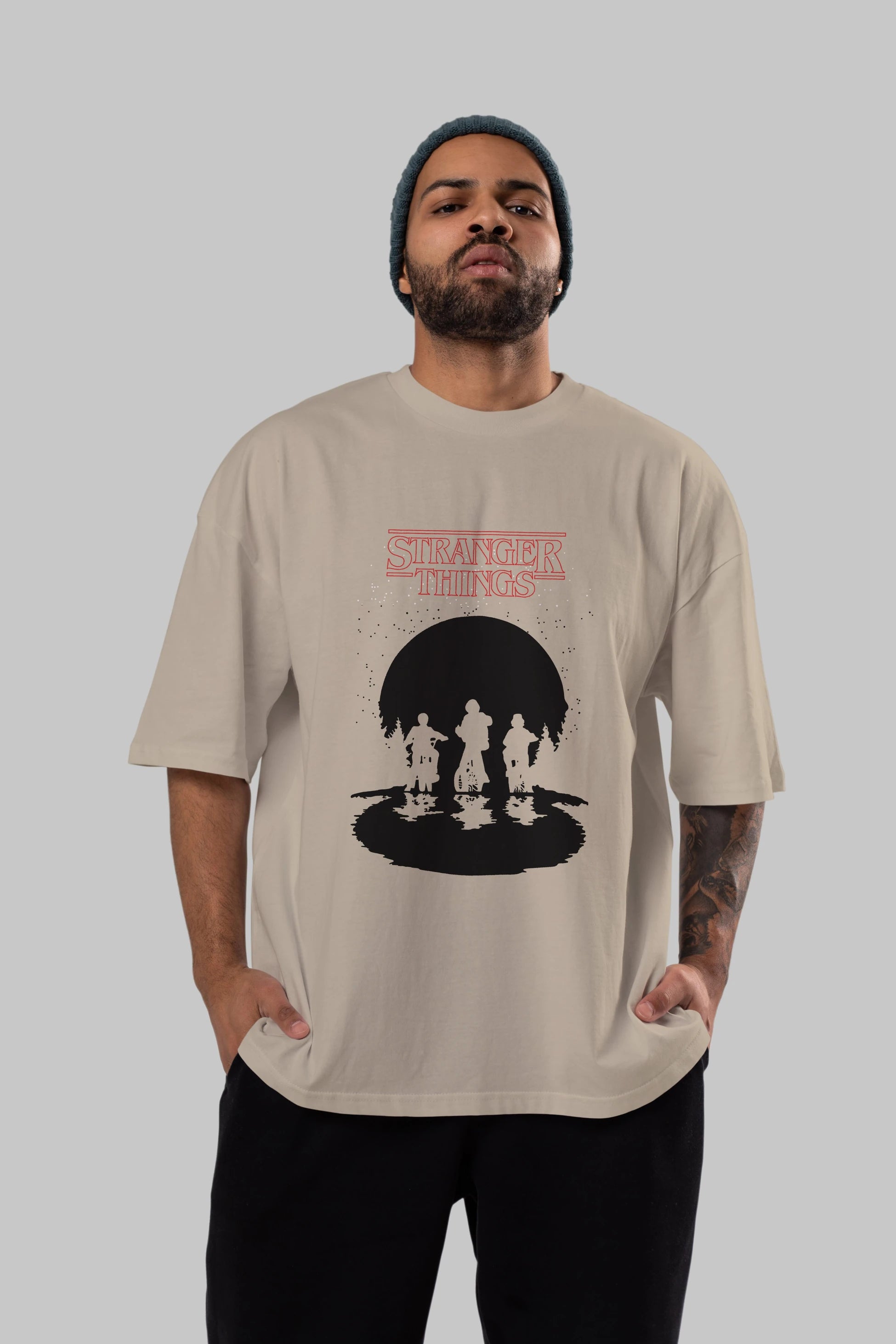 Stranger Things Ön Baskılı Oversize t-shirt Erkek Kadın Unisex %100 Pamuk Bisiklet Yaka tişort