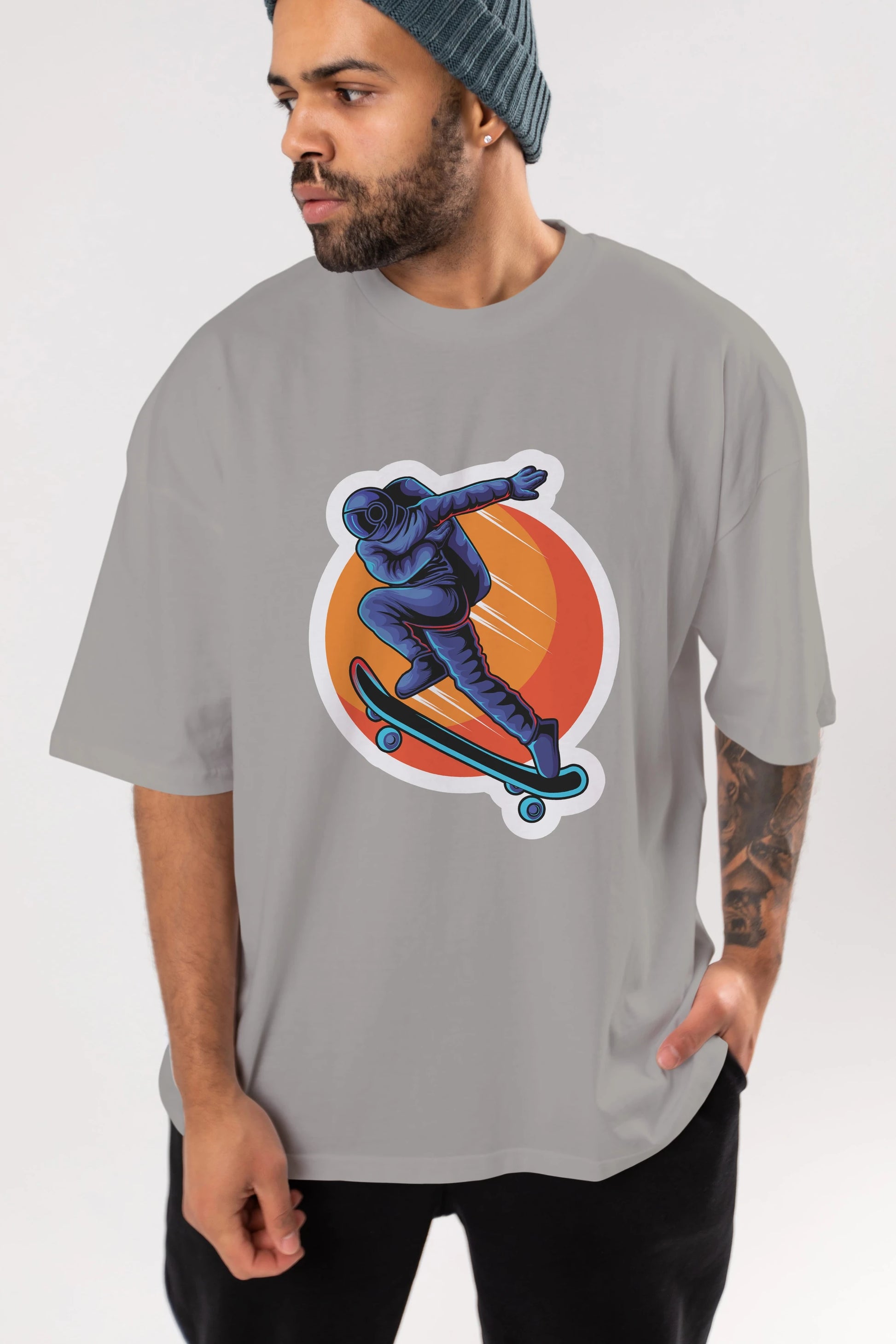 Astroskate Run Sticker Ön Baskılı Oversize t-shirt Erkek Kadın Unisex
