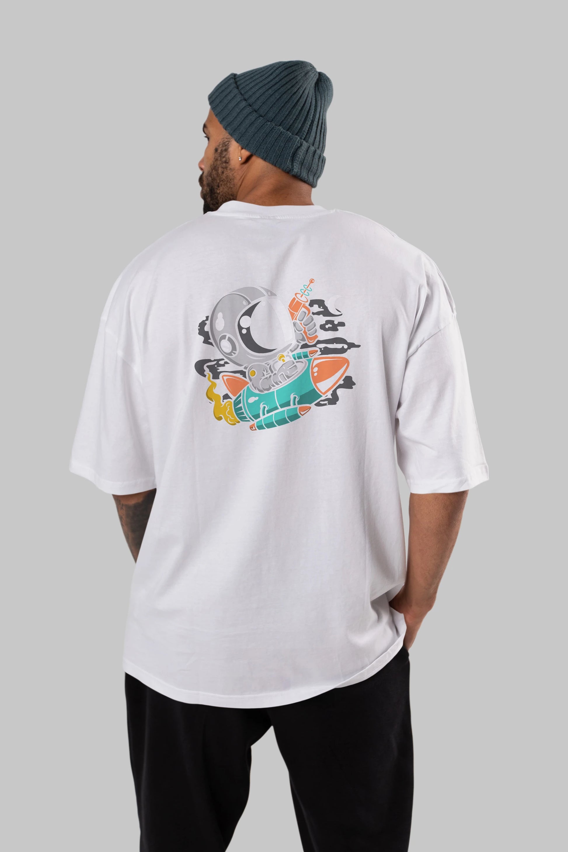 Astronaut Riding Rocket Arka Baskılı Oversize t-shirt Erkek Kadın Unisex