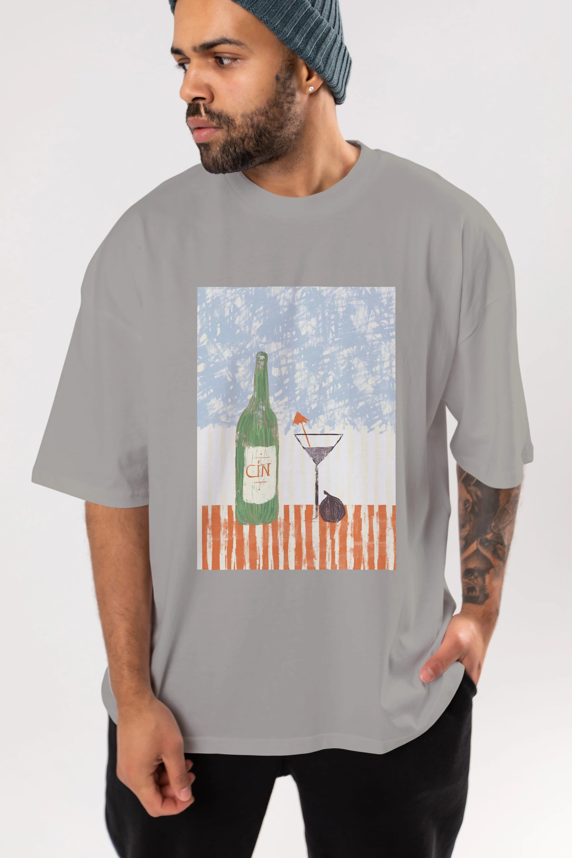Gin Ön Baskılı Oversize t-shirt Erkek Kadın Unisex %100 Pamuk Bisiklet Yaka tişort