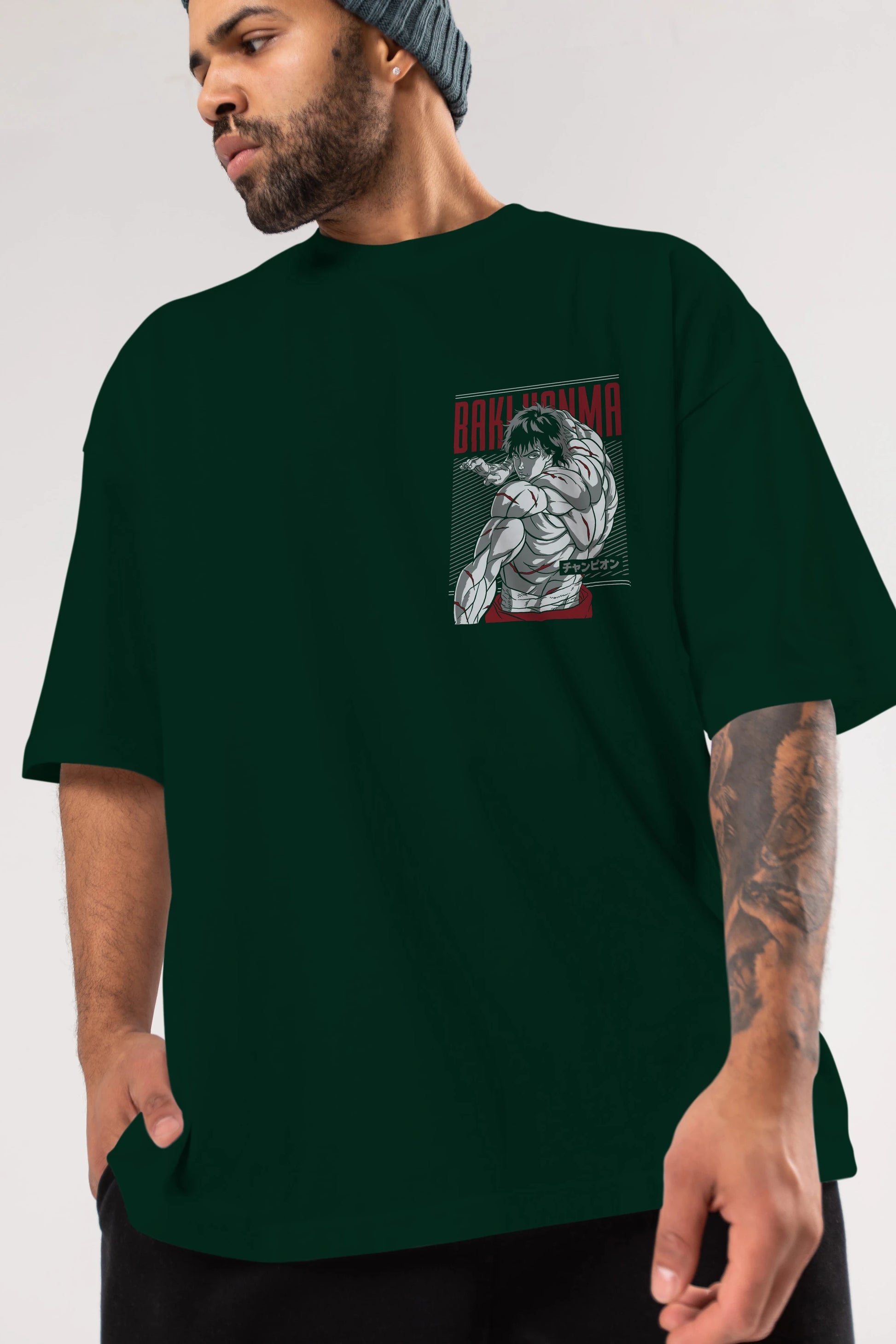 BAKI HANMA Ön Sol Baskılı Oversize t-shirt Erkek Kadın Unisex %100 Pamuk Bisiklet Yaka tişort